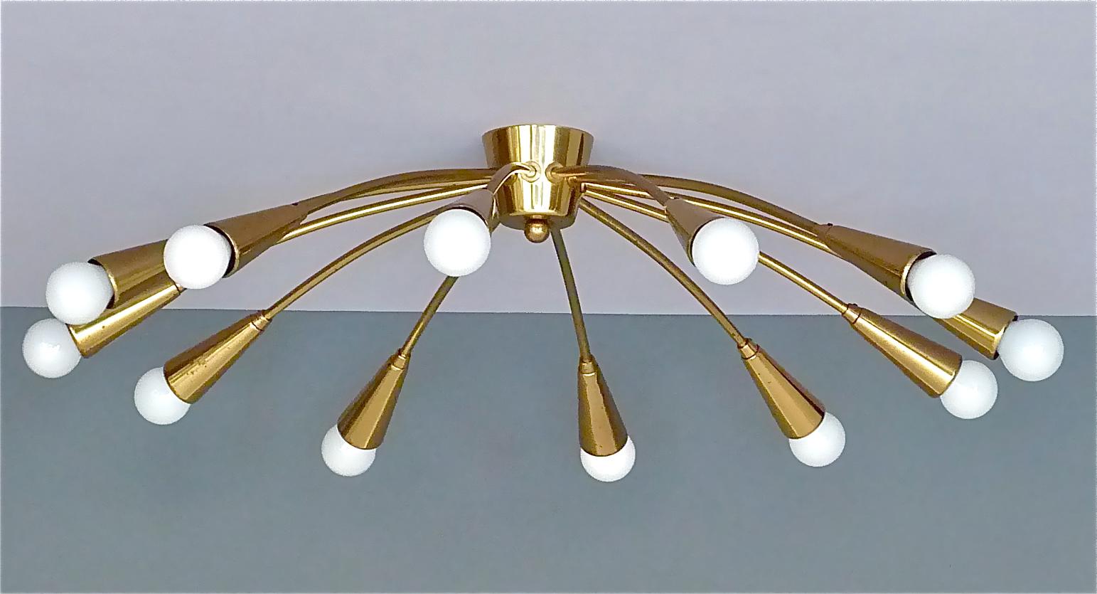 Mid-20th Century Large Midcentury Sputnik Flush Mount Brass Ceiling Lamp Kaiser Kalmar Stilnovo