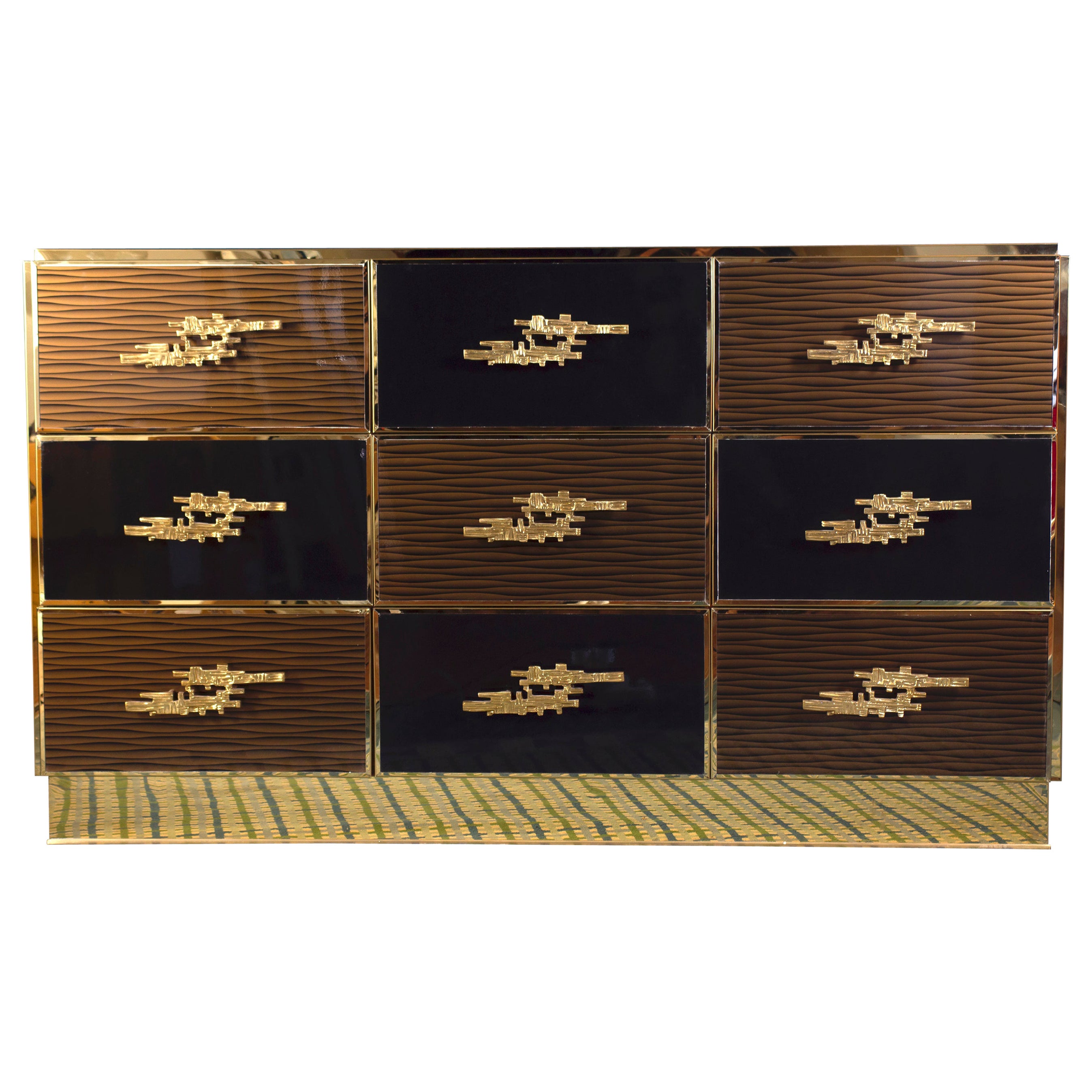 Grande cassettiera in ottone e legno imitato in stile Midcentury 2020
