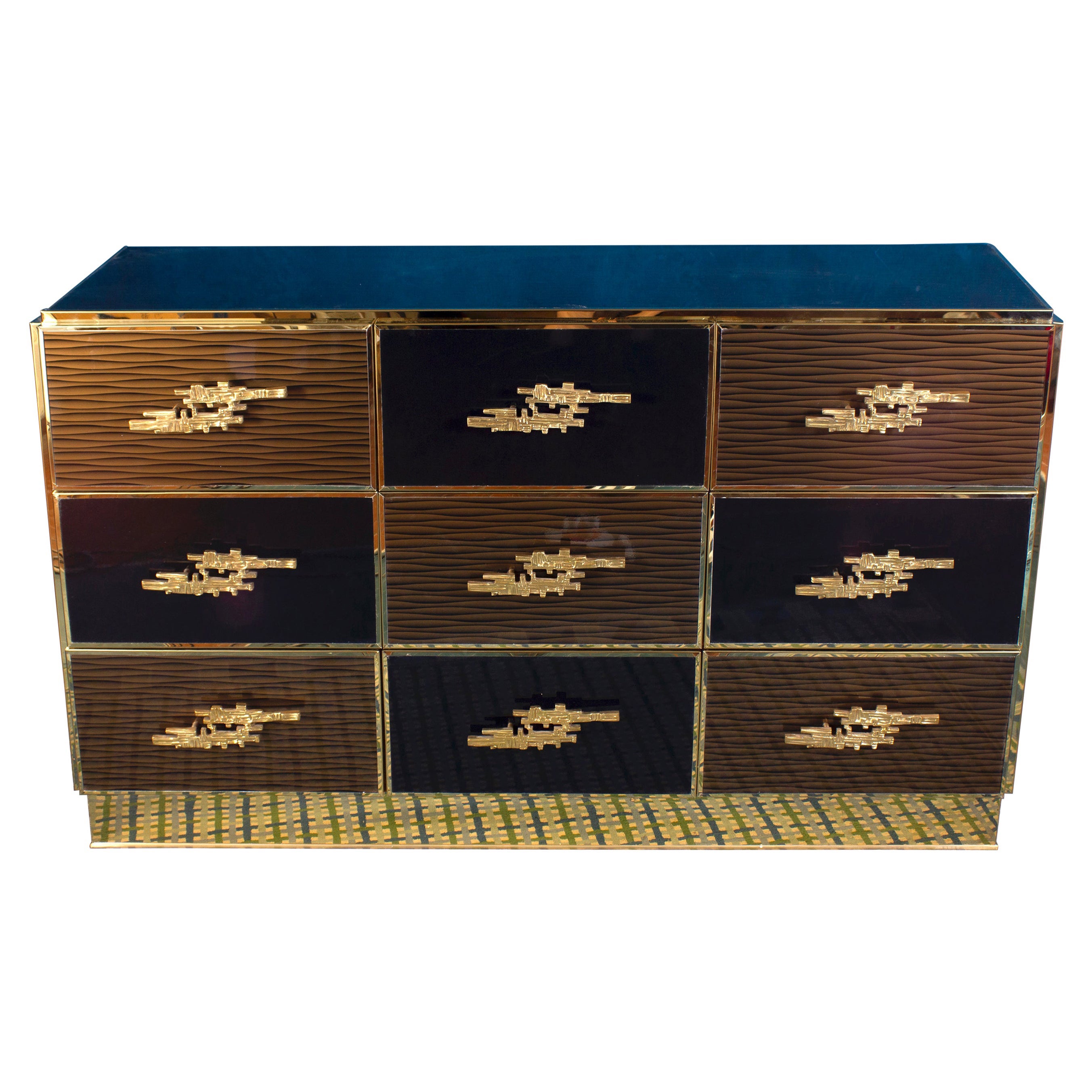Large Midcentury Style Brass and Wood Imitation Chest of Drawer 2020