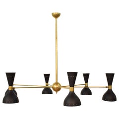 Large Midcentury Style Chandelier in Brass and Black Lacquered Metal