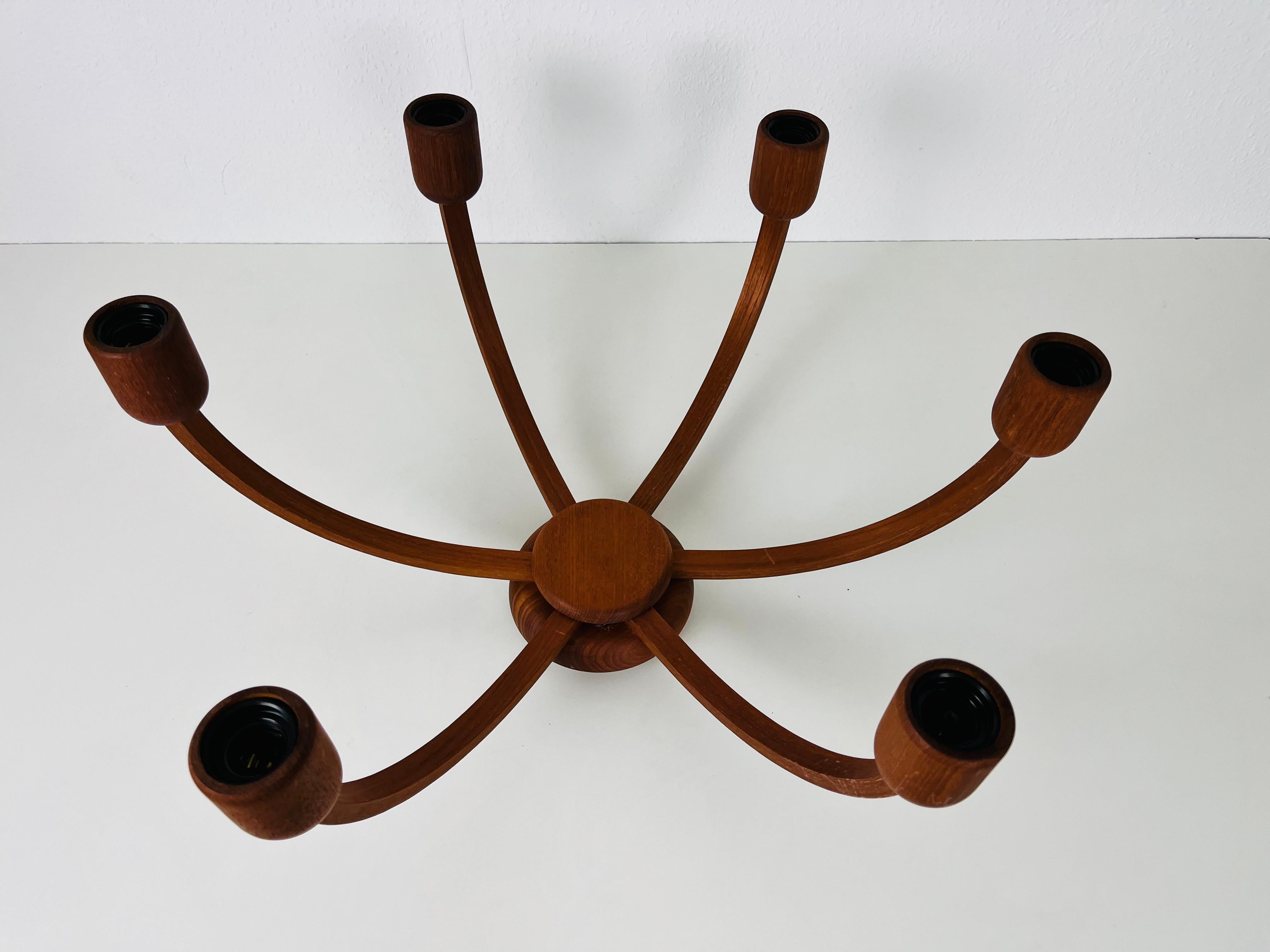 Mid-Century Modern Large Midcentury Teak Pendant Lamp with 5 Arms by Domus, 1960s
