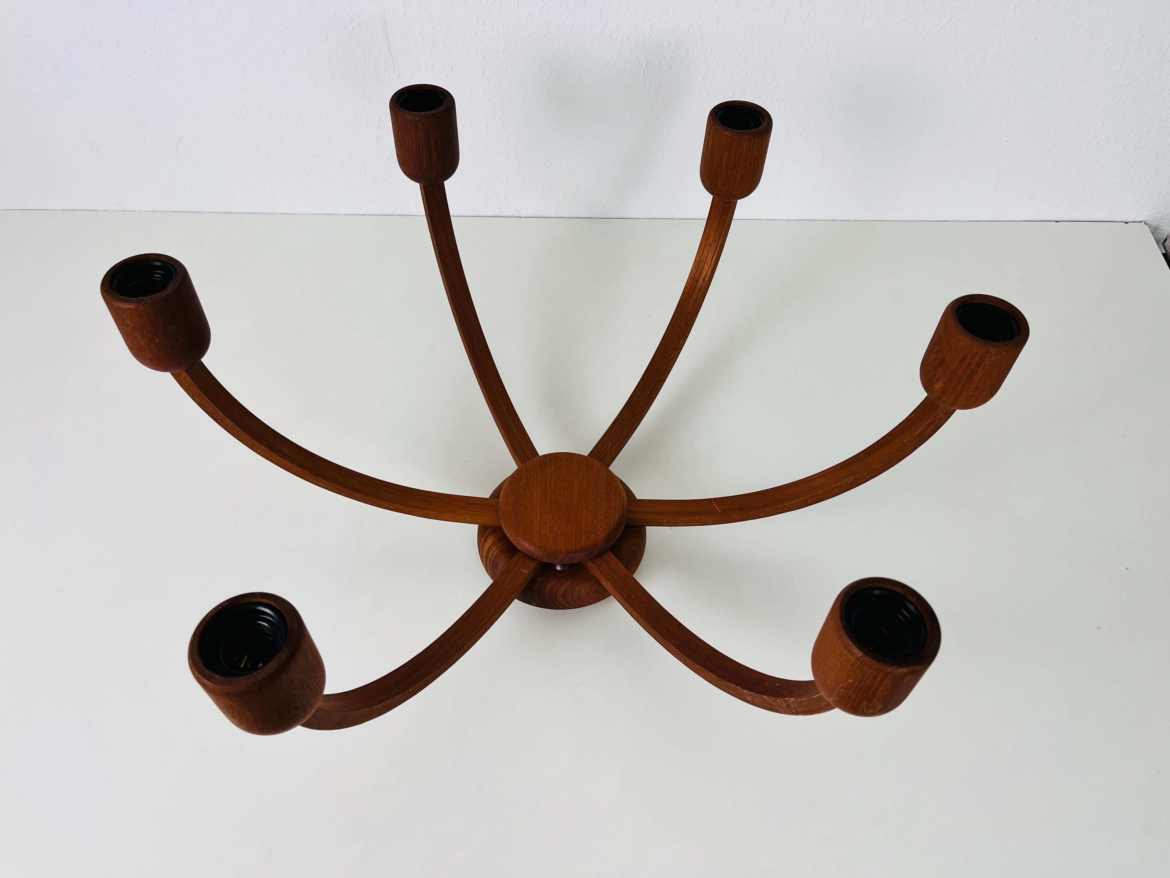 German Large Midcentury Teak Pendant Lamp with 5 Arms by Domus, 1960s