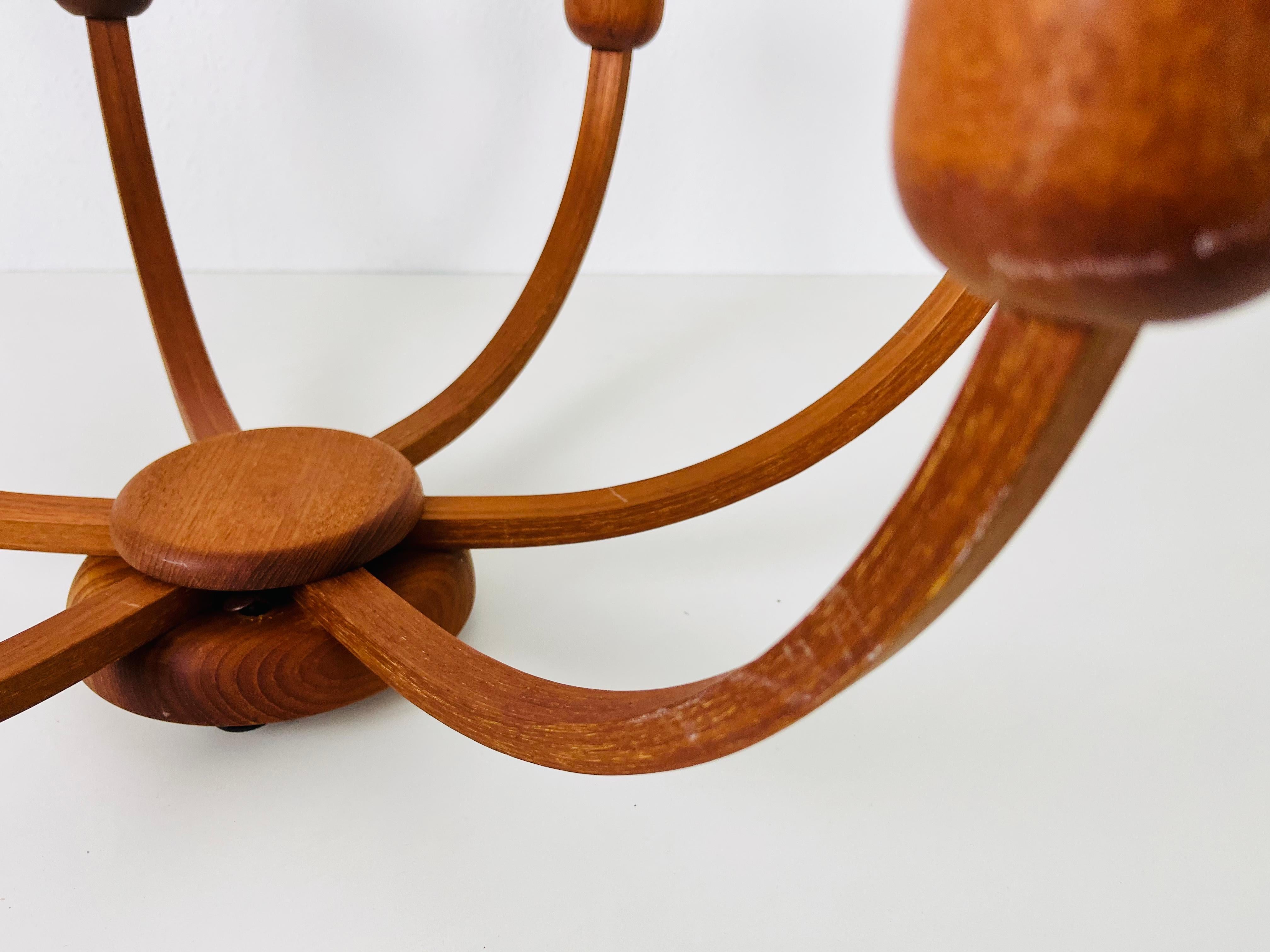 Large Midcentury Teak Pendant Lamp with 5 Arms by Domus, 1960s 1