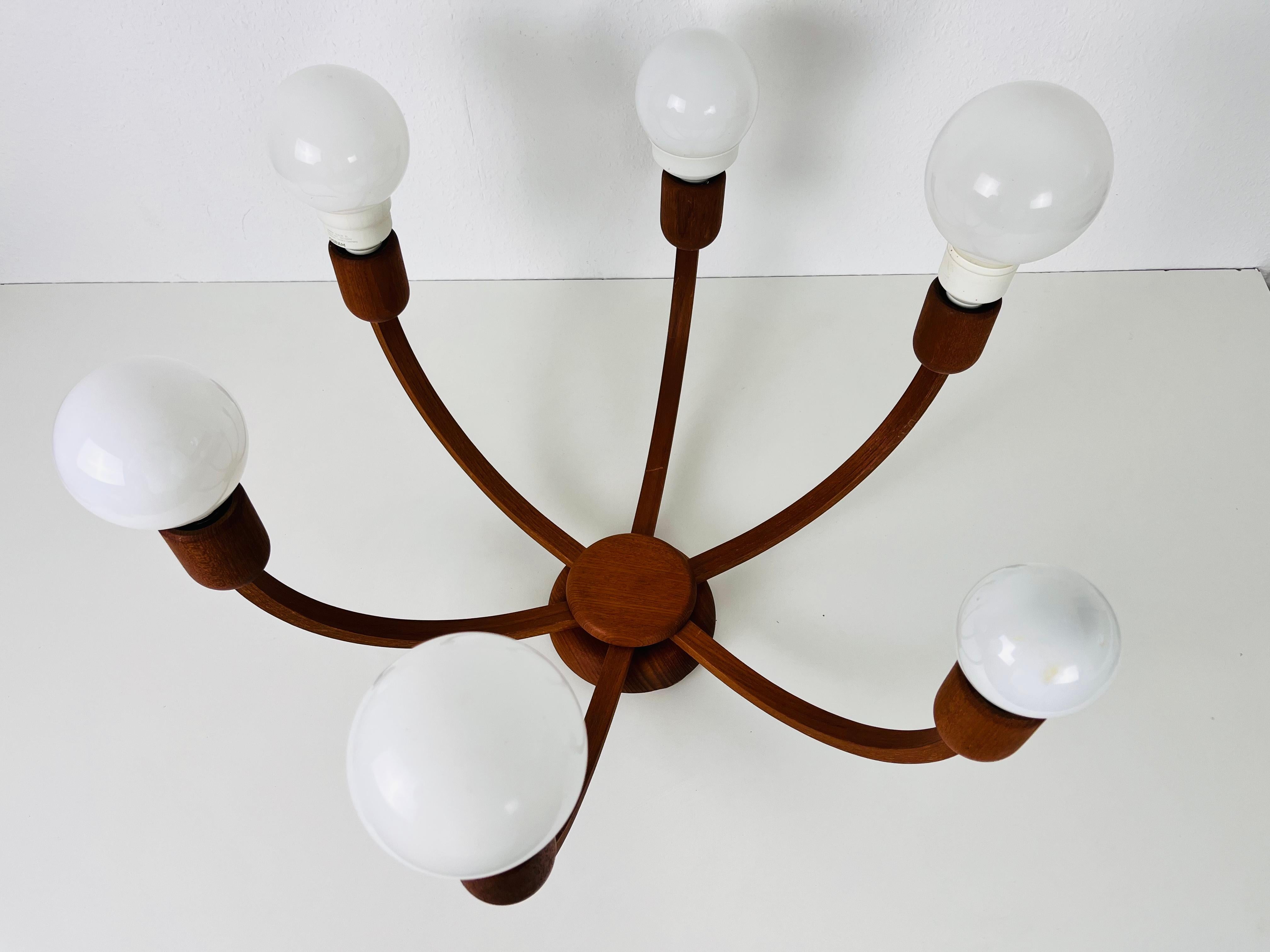 Large Midcentury Teak Pendant Lamp with 5 Arms by Domus, 1960s 2