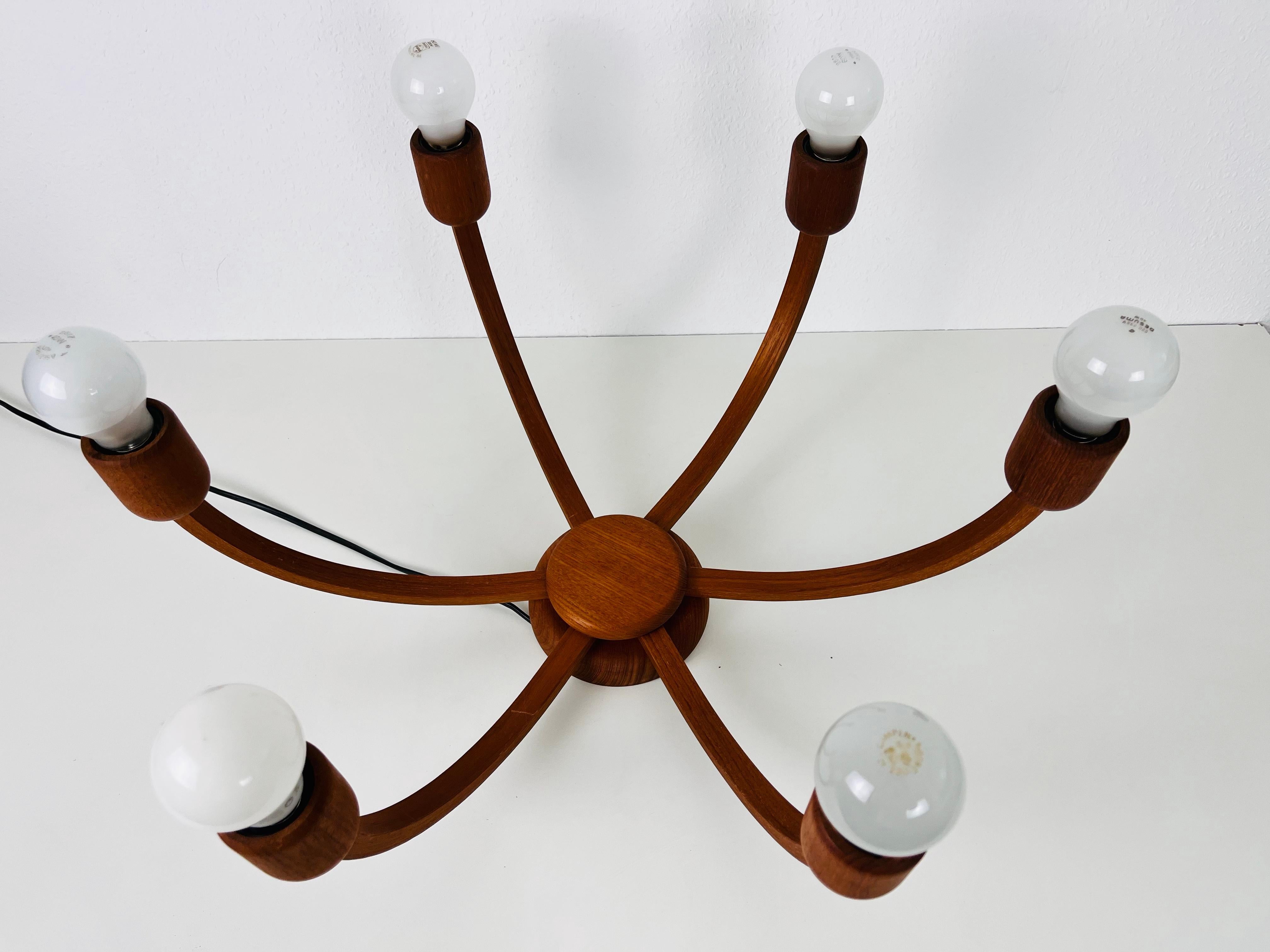 Large Midcentury Teak Pendant Lamp with 5 Arms by Domus, 1960s 3