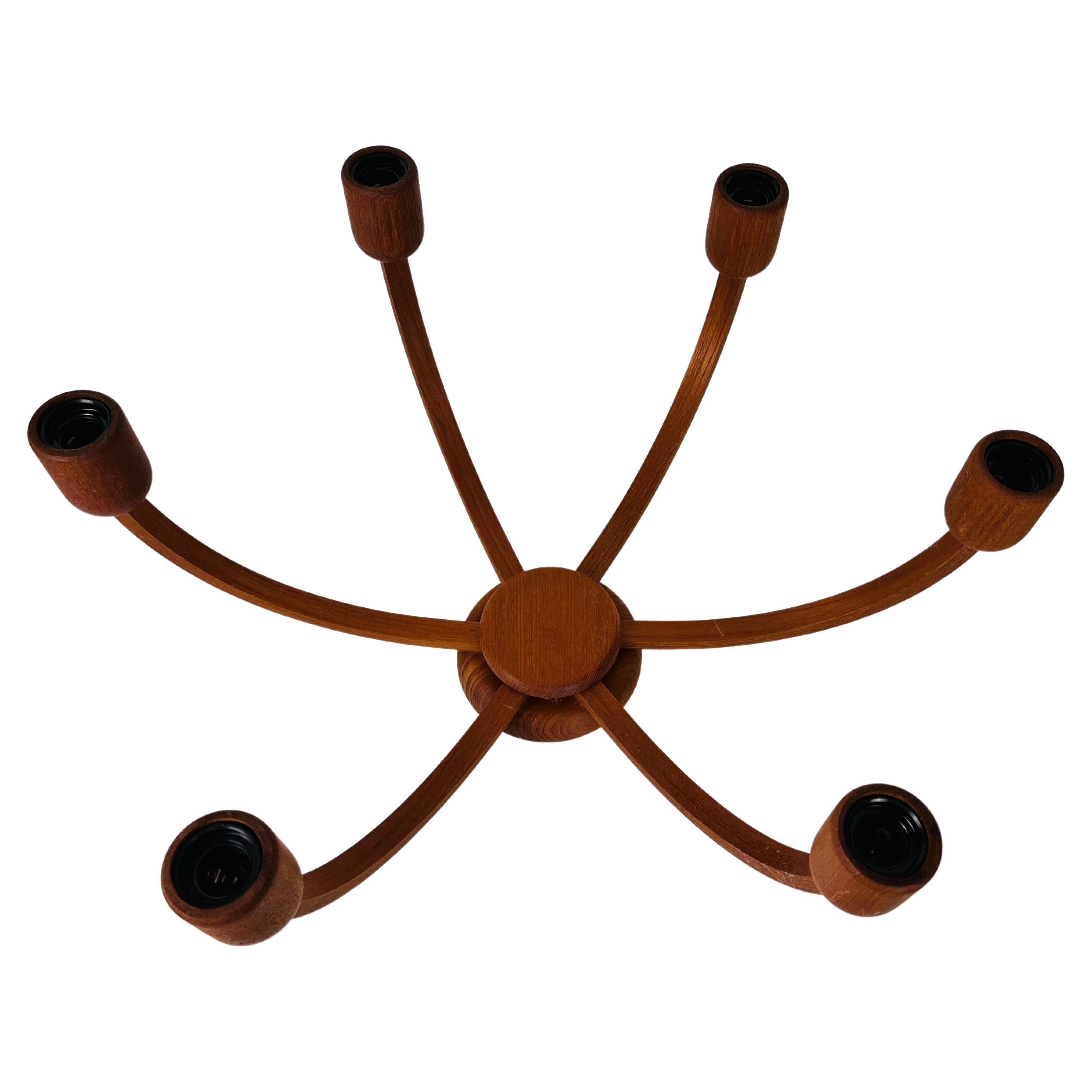 Large Midcentury Teak Pendant Lamp with 5 Arms by Domus, 1960s