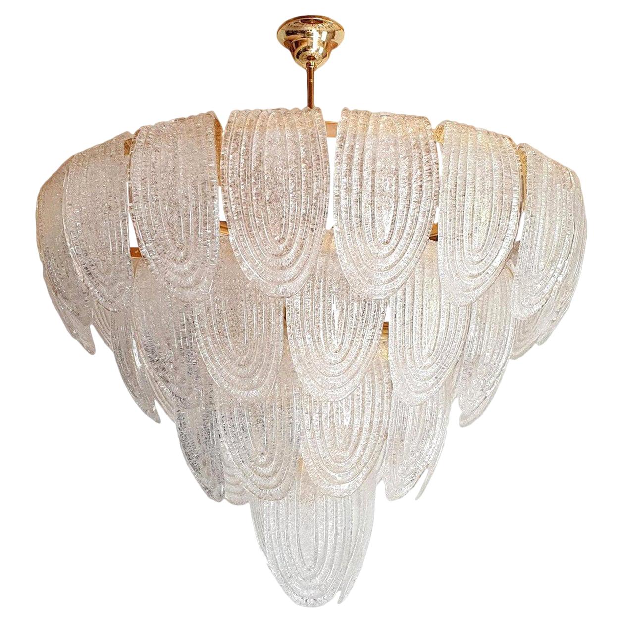 Large Midcentury Clear Murano Glass & Gold Plated Chandelier Mazzega Style Italy