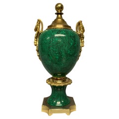 Large Mid-Century Twin Handled Porcelain Urn in Faux Malachite