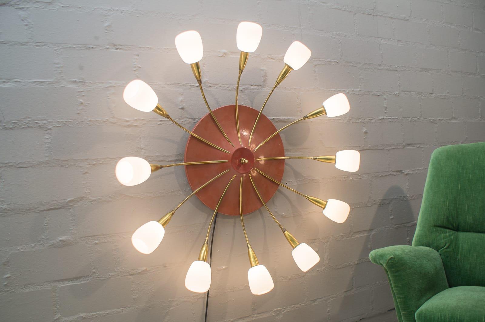 Brass Large Midcentury Wall or Ceiling Sputnik Lamp with 12 Arms, 1950s For Sale