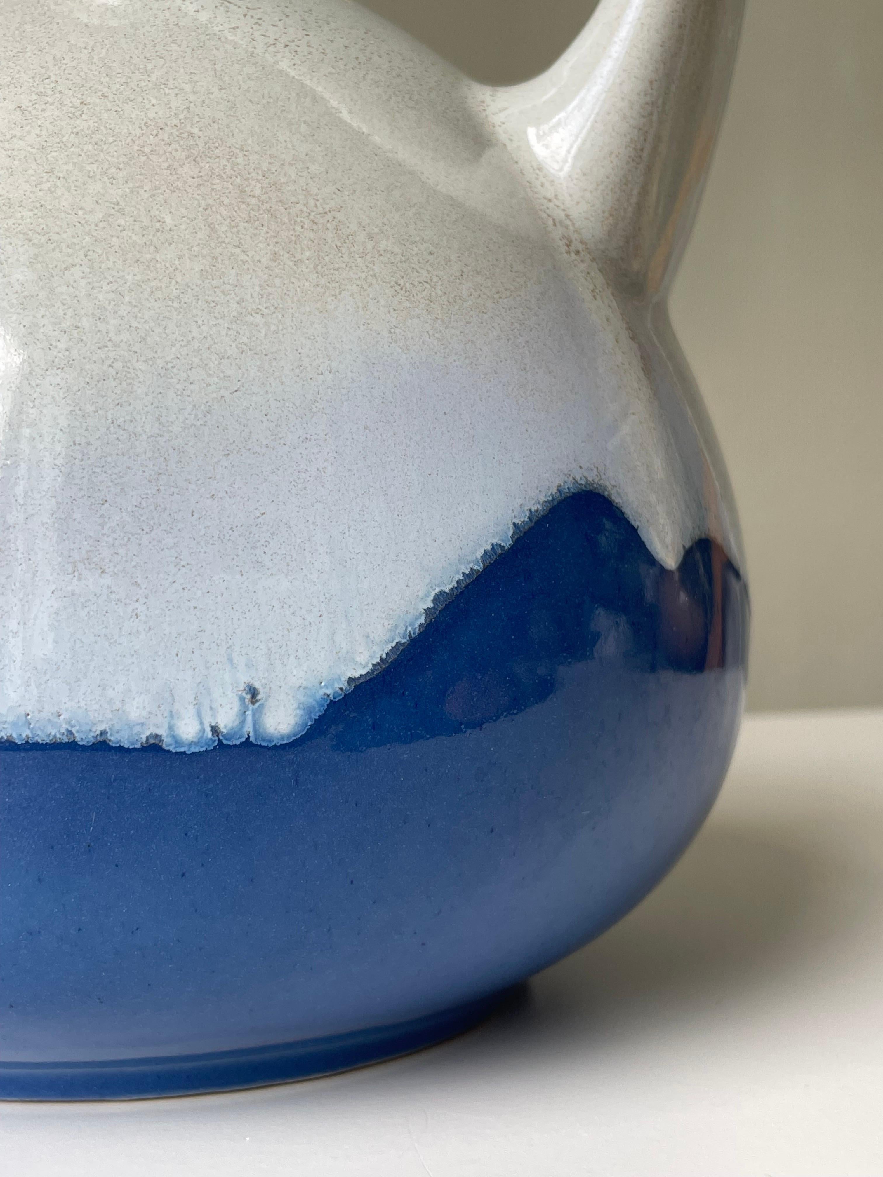 Large 1960s Studio Midcentury White Blue Bottle Vase For Sale 2
