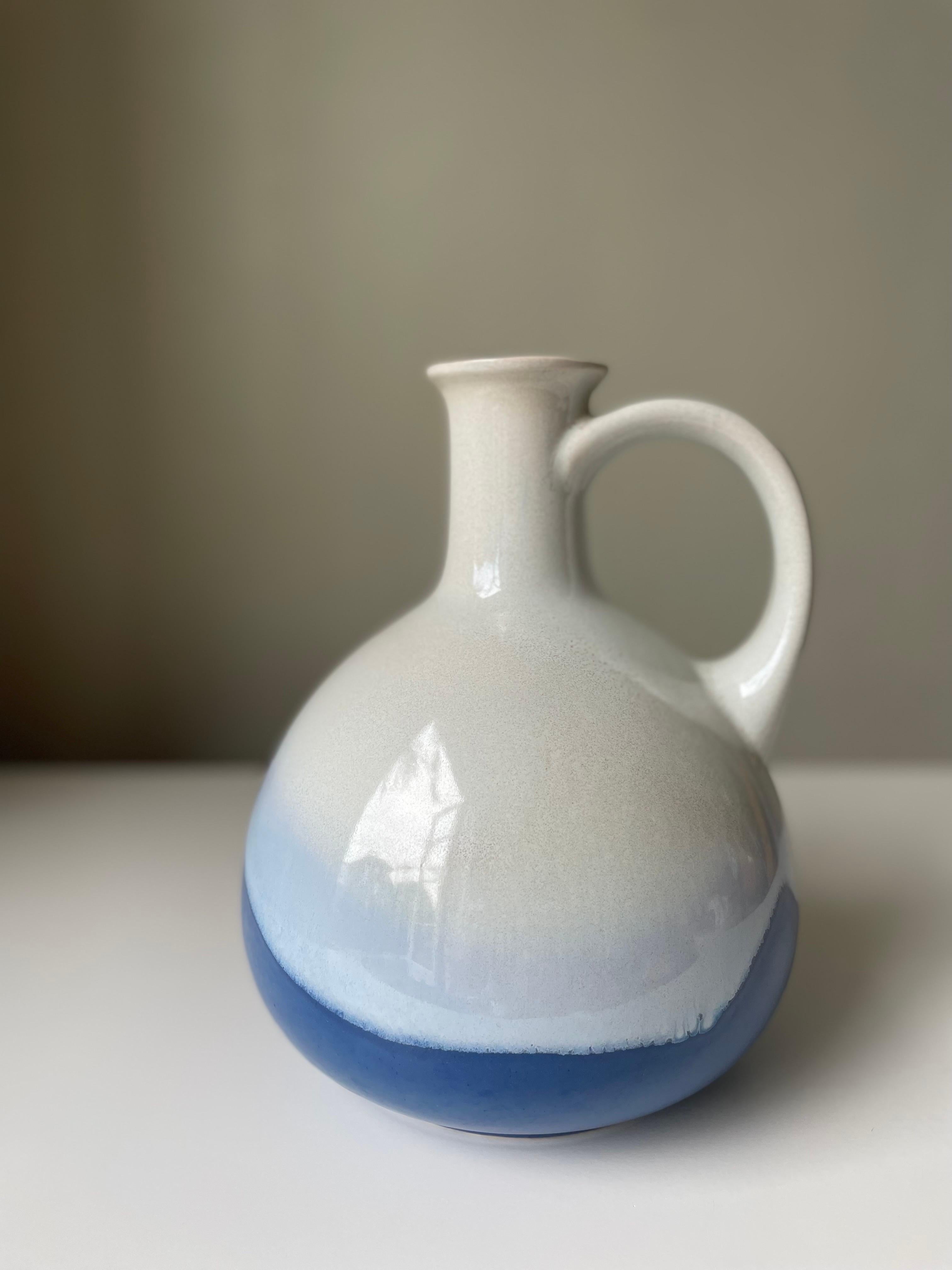 Large 1960s Studio Midcentury White Blue Bottle Vase For Sale 8
