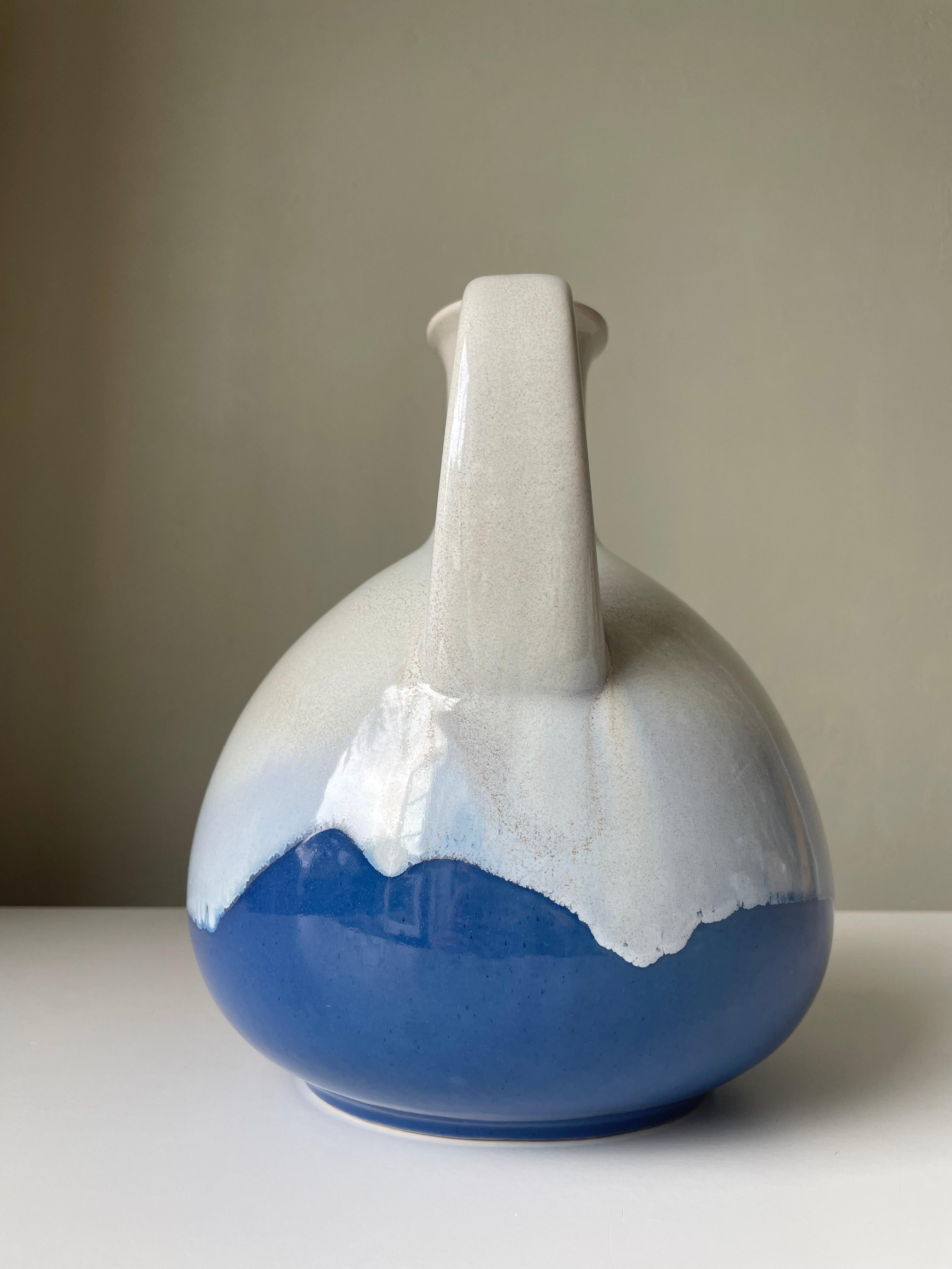 German Large 1960s Studio Midcentury White Blue Bottle Vase For Sale