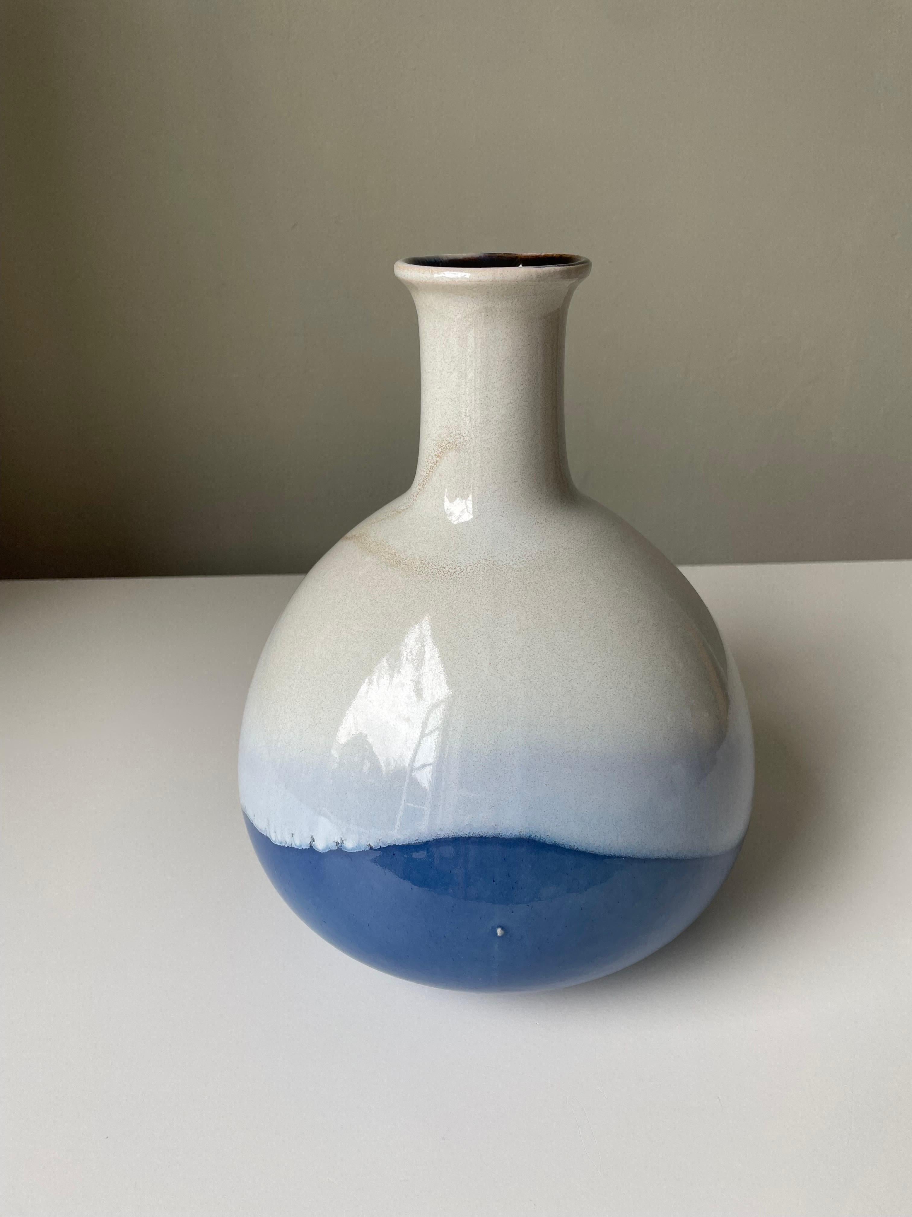 20th Century Large 1960s Studio Midcentury White Blue Bottle Vase For Sale