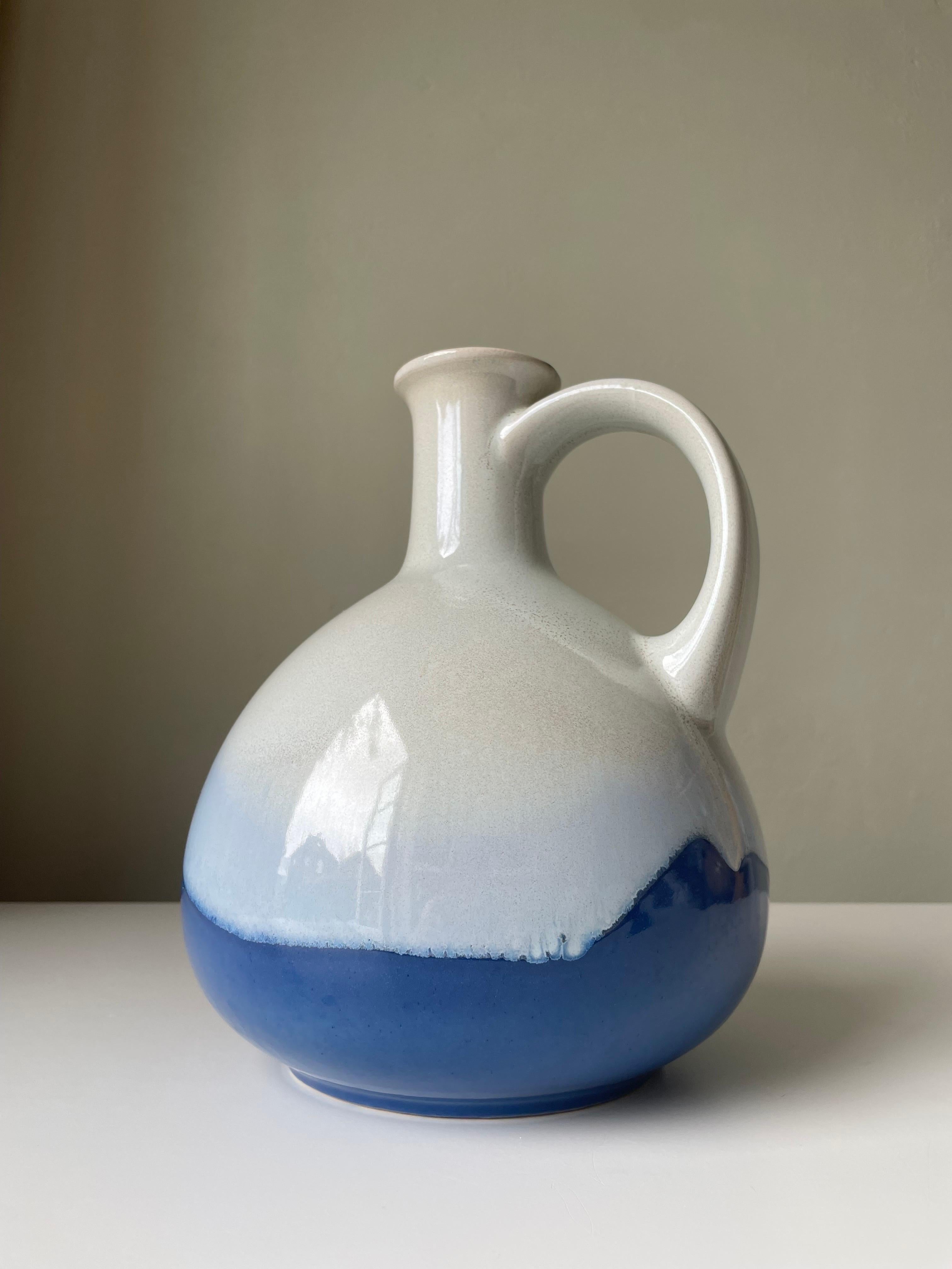 Large 1960s Studio Midcentury White Blue Bottle Vase For Sale 1