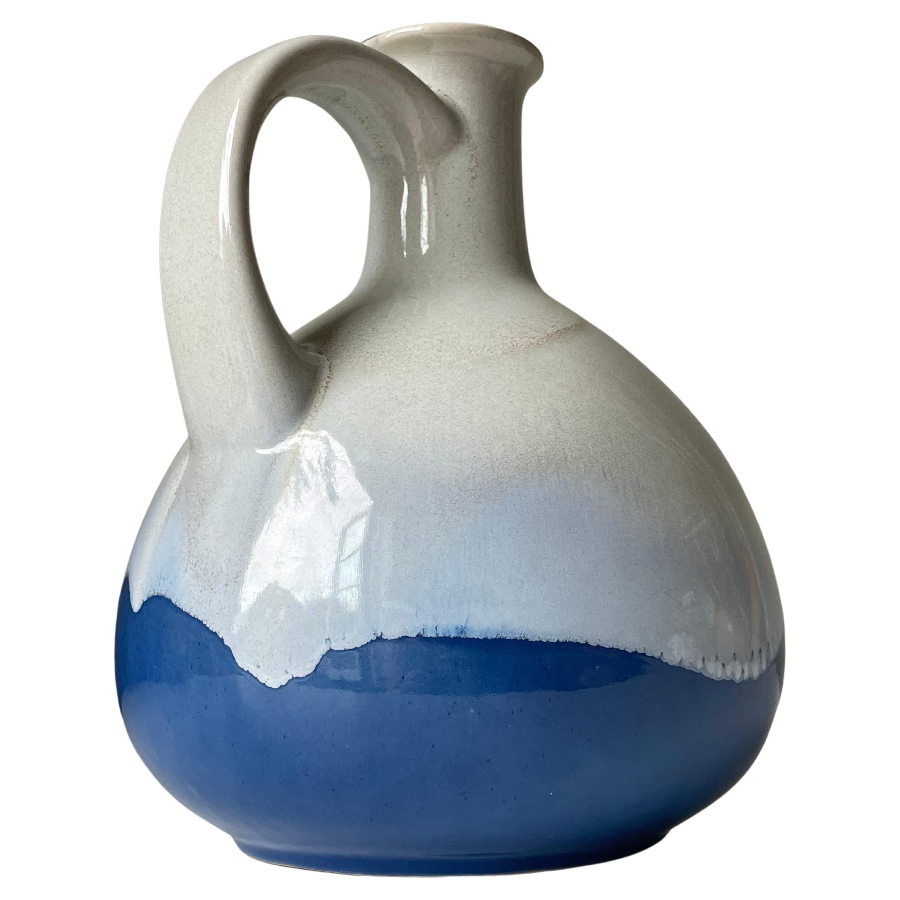 Large 1960s Studio Midcentury White Blue Bottle Vase For Sale