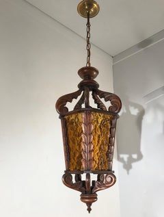 Large Midcentury Wooden Pendant / Light Fixture with Rare Amber Cathedral Glass
