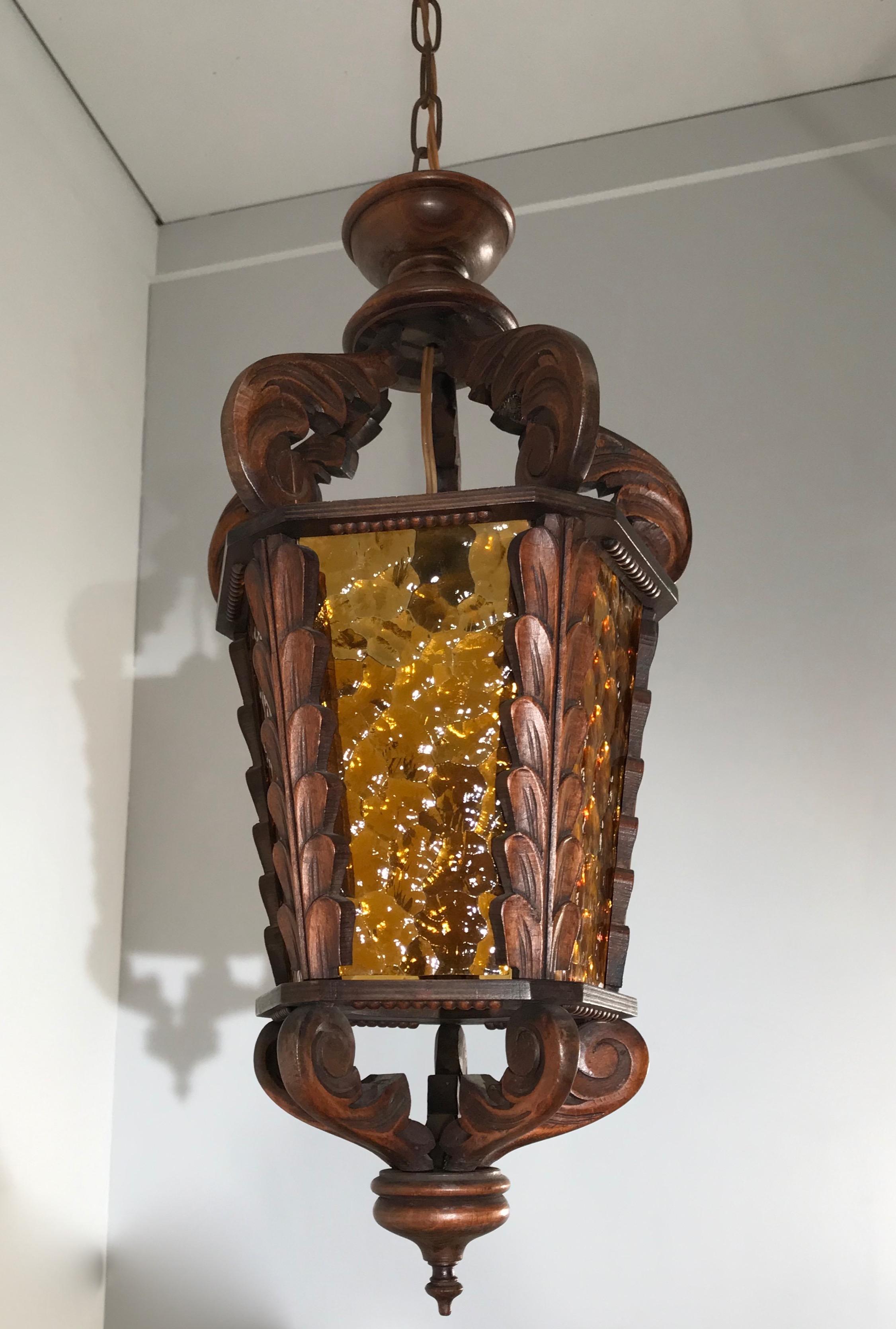Hand-Crafted Large Midcentury Wooden Pendant / Light Fixture with Rare Amber Cathedral Glass For Sale