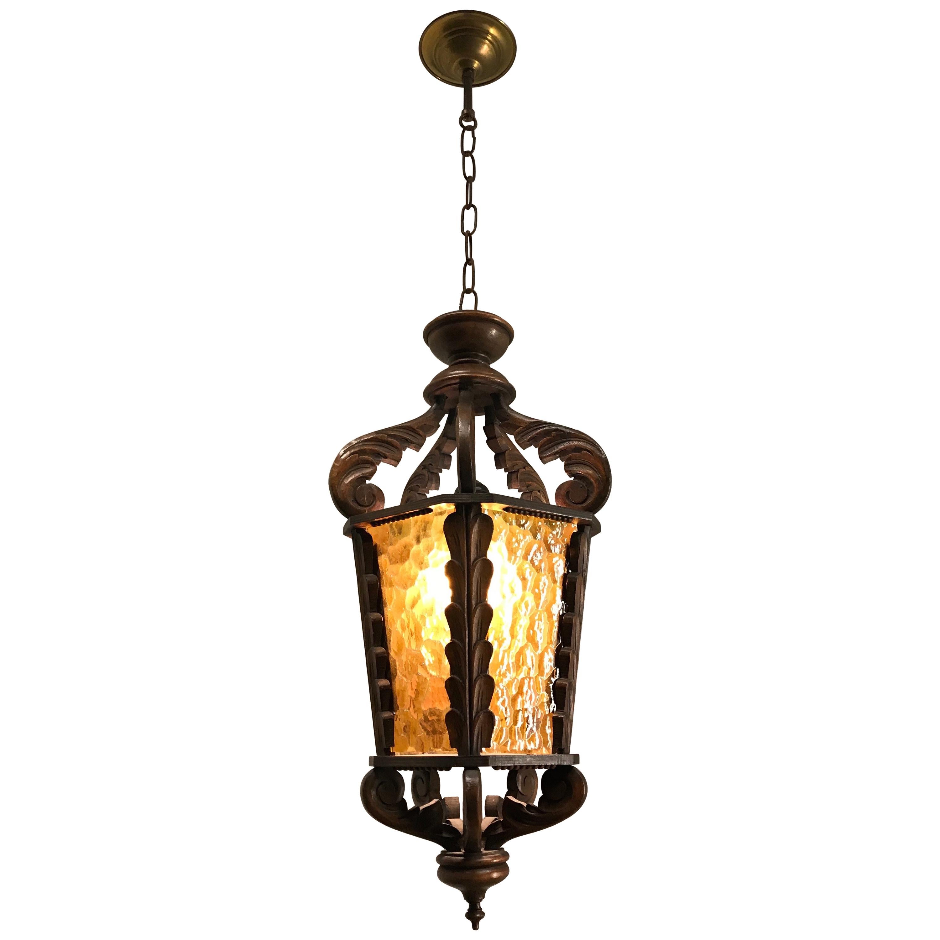 Large Midcentury Wooden Pendant / Light Fixture with Rare Amber Cathedral Glass For Sale