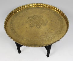 Large Middle Eastern Brass Tray Table on Carved Hardwood Folding Stand