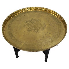 Large Middle Eastern Brass Tray Table on Carved Hardwood Folding Stand