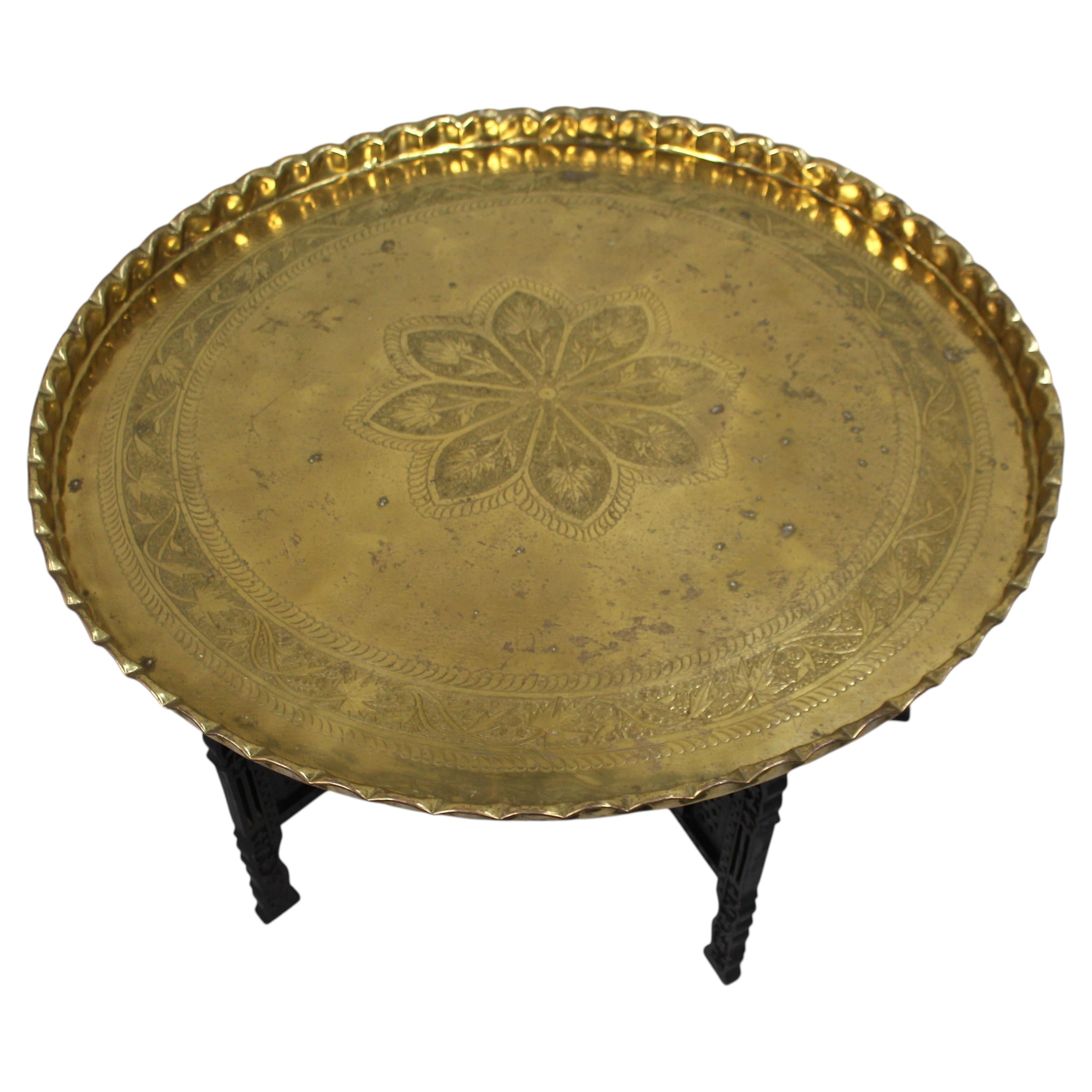 Large Middle Eastern Brass Tray Table on Carved Hardwood Folding Stand