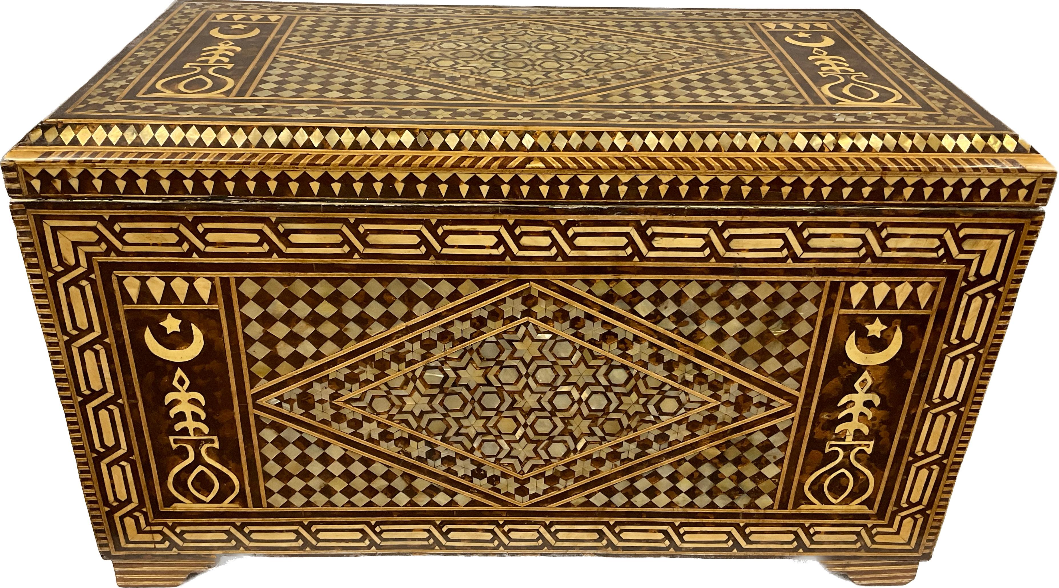 Syrian Large Middle Eastern Moorish Turkish Mother-of-pearl Inlaid Chest For Sale