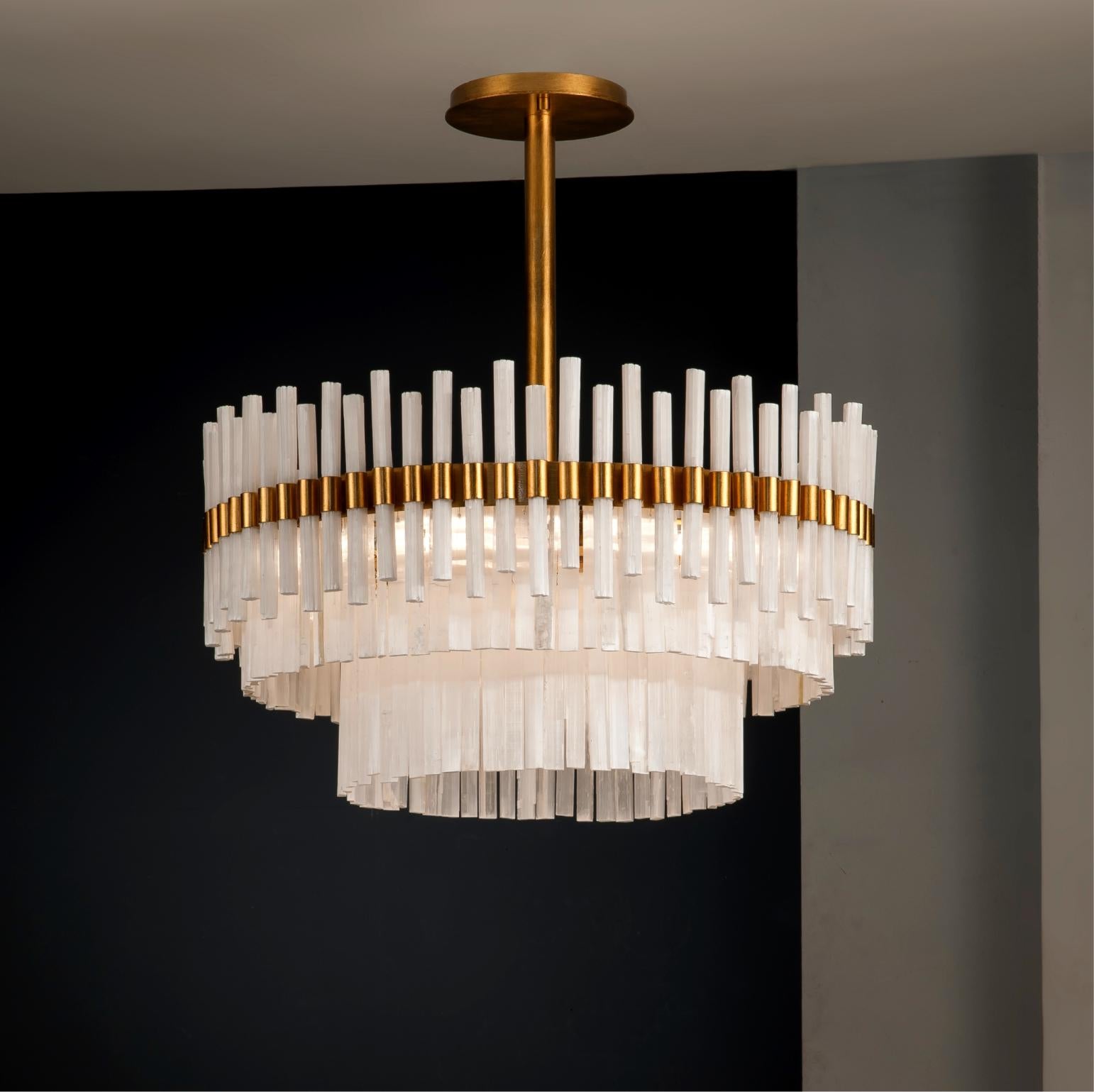 Large Selenite chandelier lamp by Aver
Dimensions: diameter 84 x height 50 cm.
Materials: aluminum plated with gold leaf. Natural selenite. 
Lighting: 12 x E14
Finish: Silver Veneer, Aged Silver Veneer, Gold Veneer, Aged Gold Veneer, Copper Veneer,