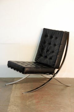 Large Mies van der Rohe Style Black Leather Lounge Chair