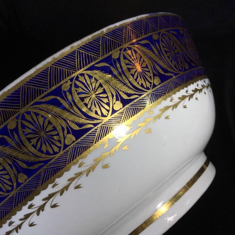 19th Century Large Miles Mason Porcelain Punch Bowl, Gilt Borders on Blue, circa 1805 For Sale