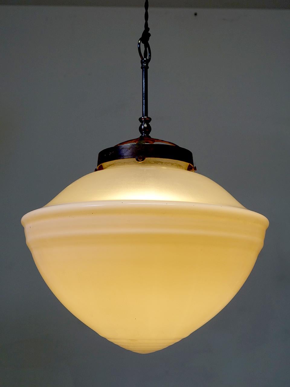 Art Deco Large Milk and Frosted Glass Pendent