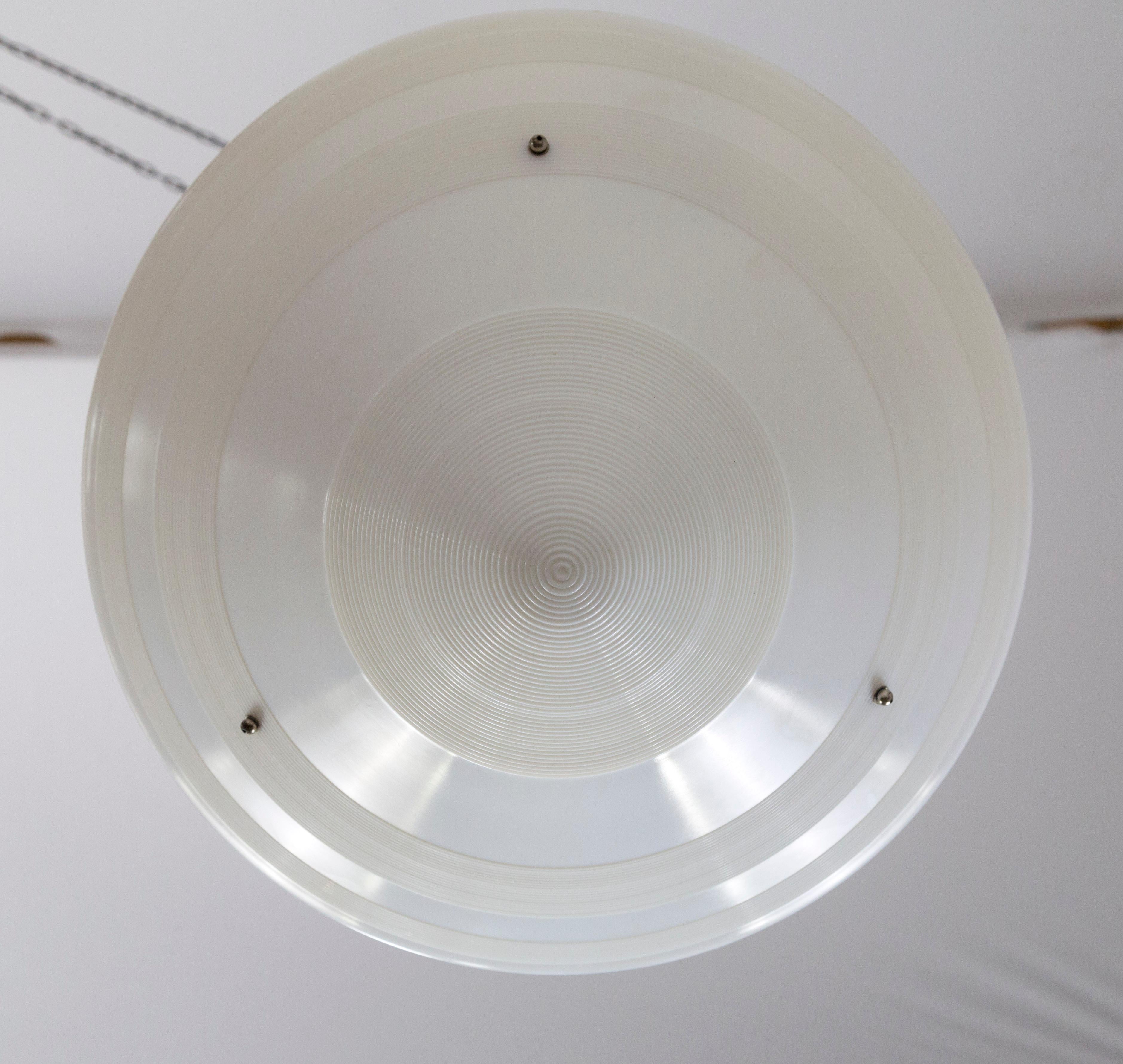 Large Milk Glass Cone Deco Pendant Lights with Brass Stems 'Pair' In Good Condition For Sale In San Francisco, CA