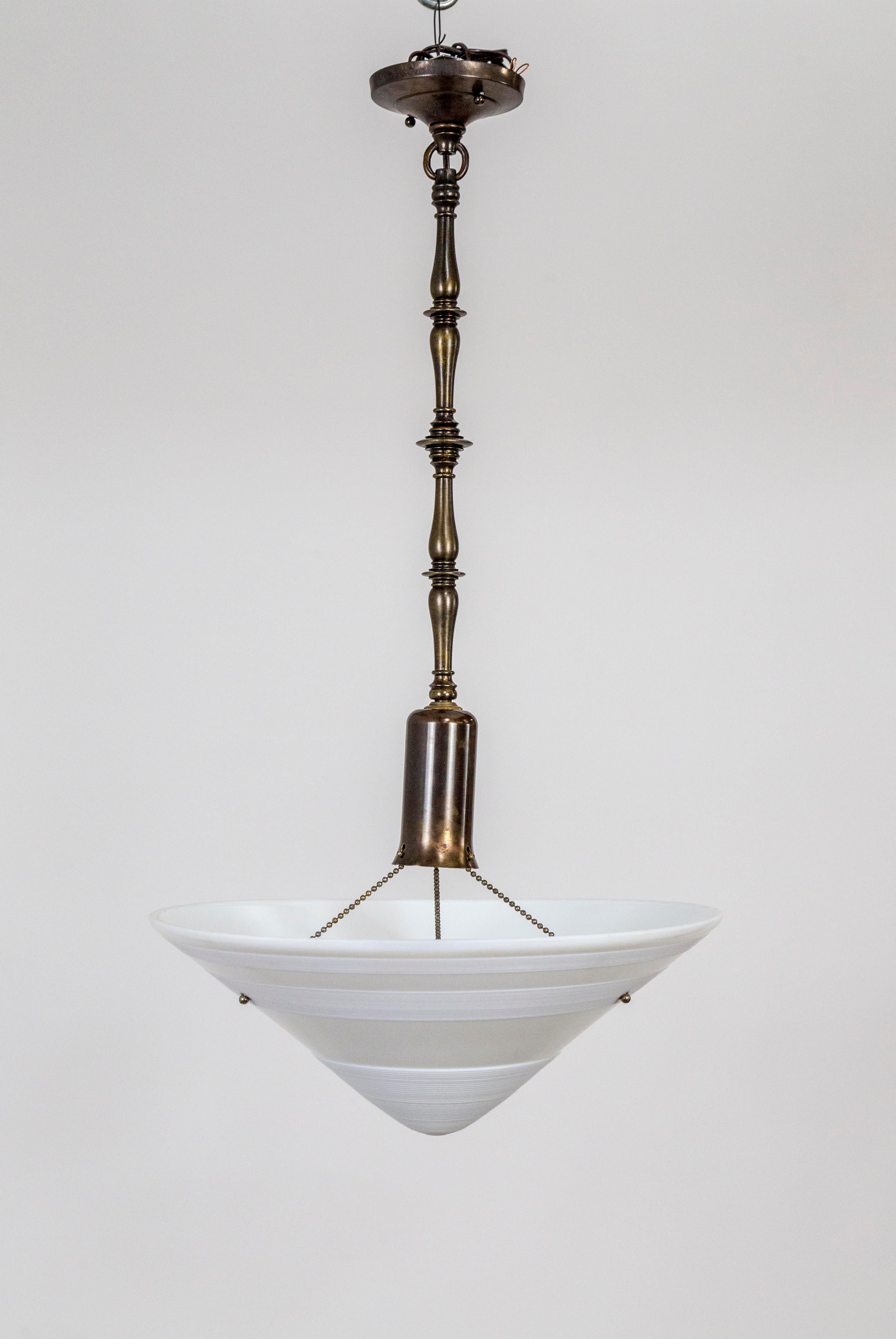 Mid-20th Century Large Milk Glass Cone Deco Pendant Lights with Brass Stems 'Pair' For Sale