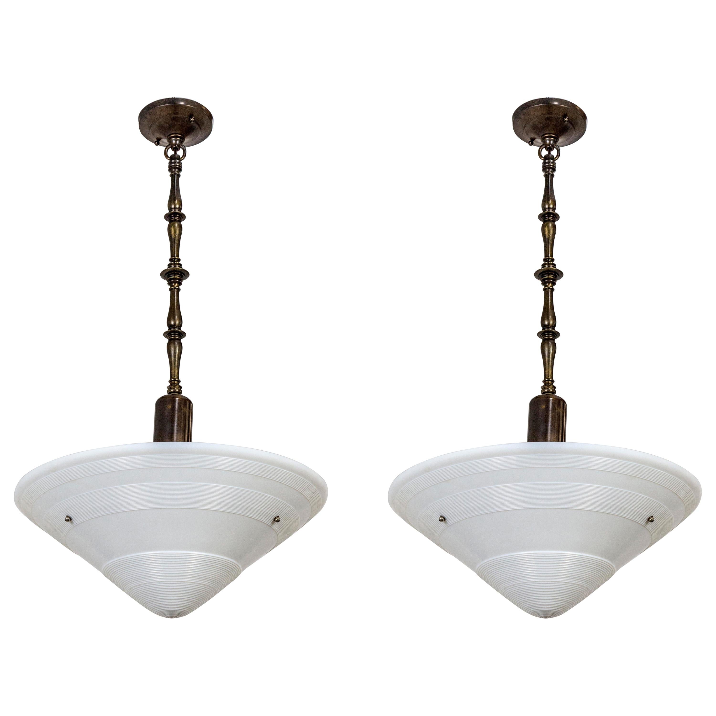 Large Milk Glass Cone Deco Pendant Lights with Brass Stems 'Pair' For Sale