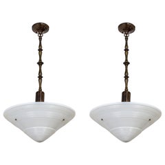 Large Milk Glass Cone Deco Pendants with Brass Stems 'Pair'