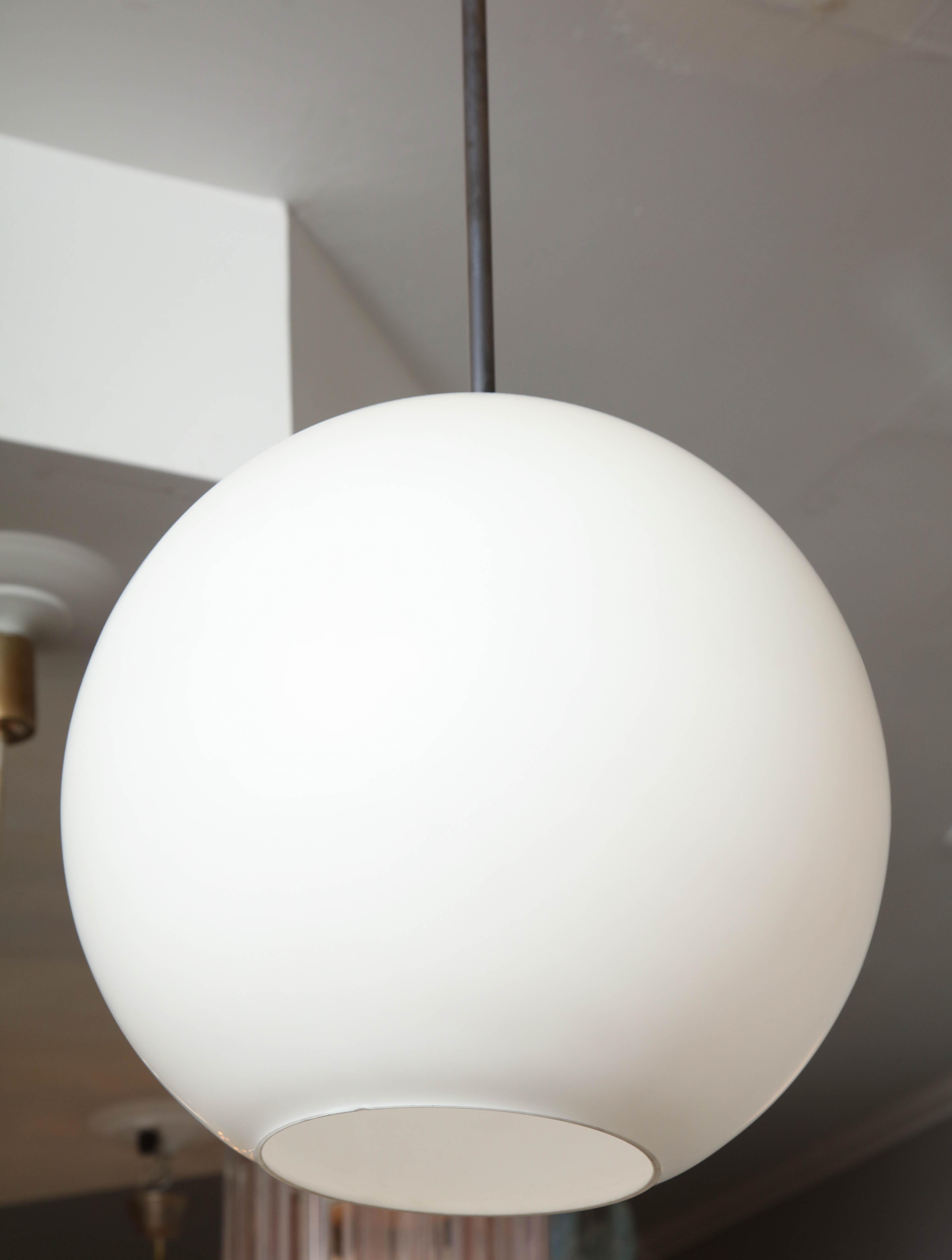 Mid-Century Modern Large Vintage Milk Glass Globe Pendant with Antique Brass Canopy For Sale