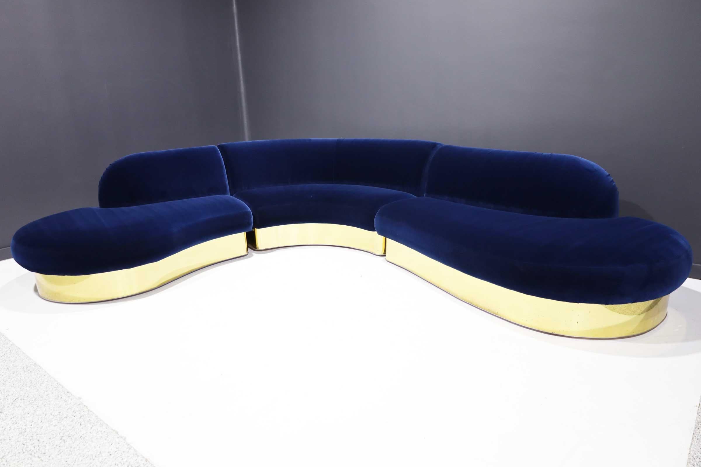 Large Milo Baughman Serpentine Sectional Cloud Sofa in Navy Blue Velvet 1