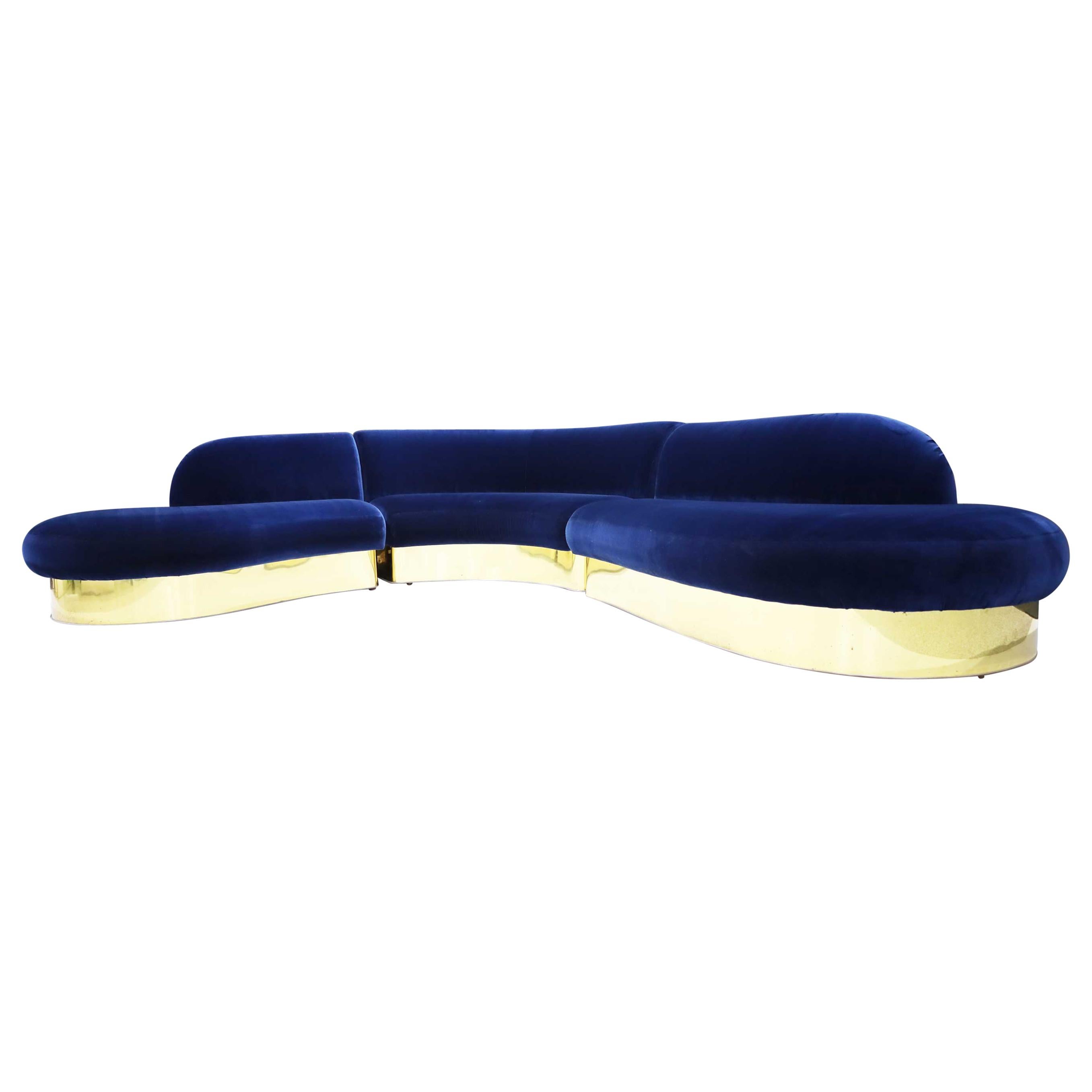 Large Milo Baughman Serpentine Sectional Cloud Sofa in Navy Blue Velvet