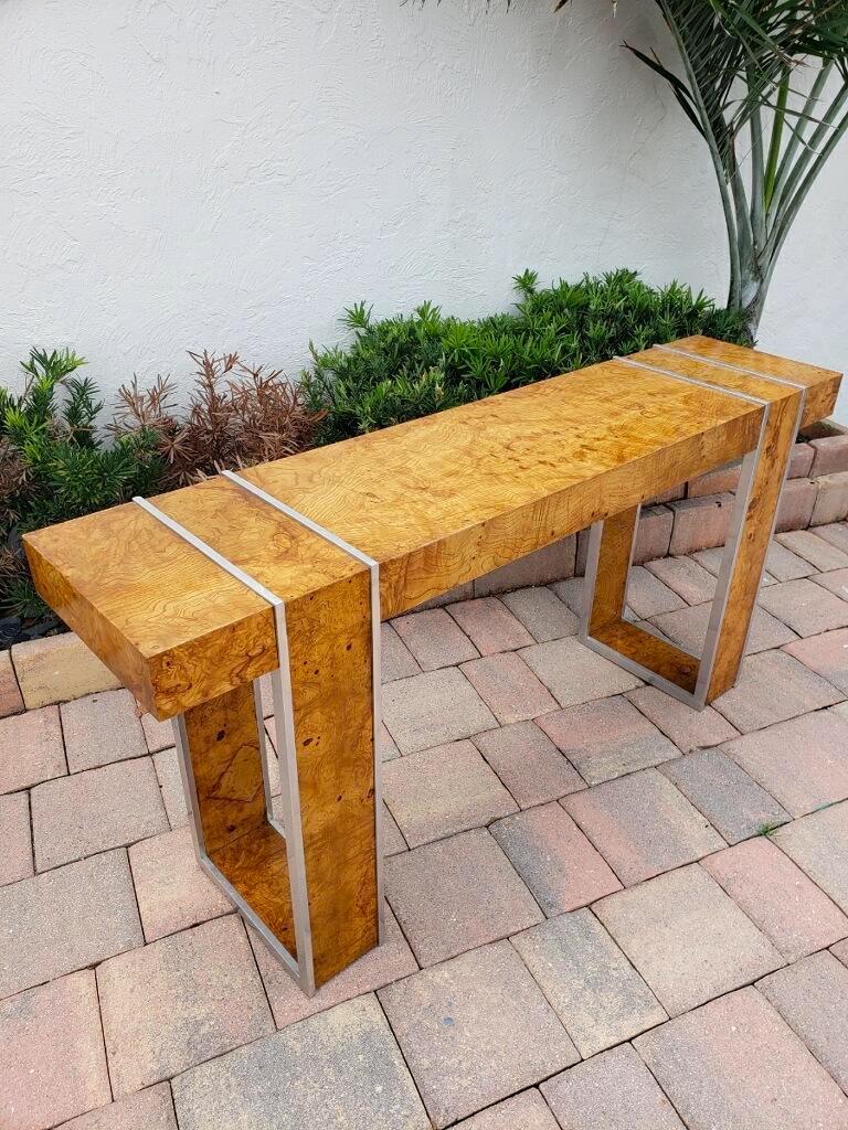 Large Milo Baughman style burl and steel console table.