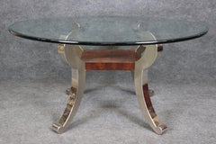 Large Milo Baughman Style Chrome and Burled Walnut Beveled Glass Table