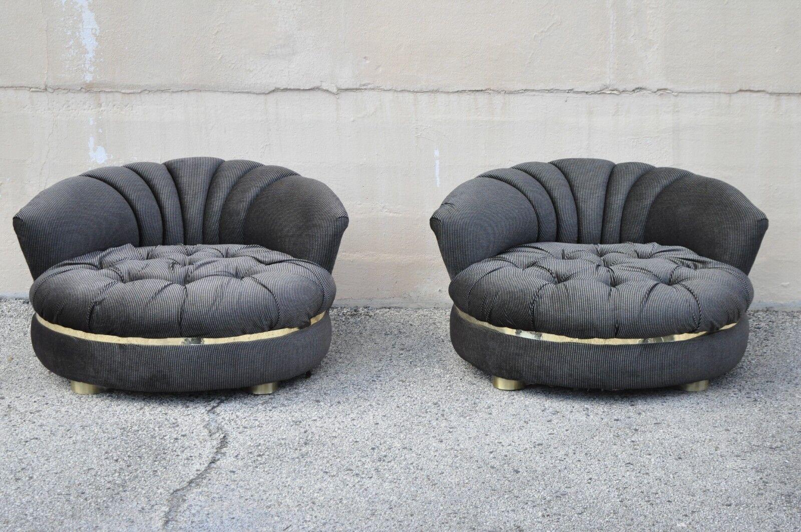 Large Milo Baughman Style Round Black Club Lounge Chair Brass Trim Feet,  Pair For Sale 7