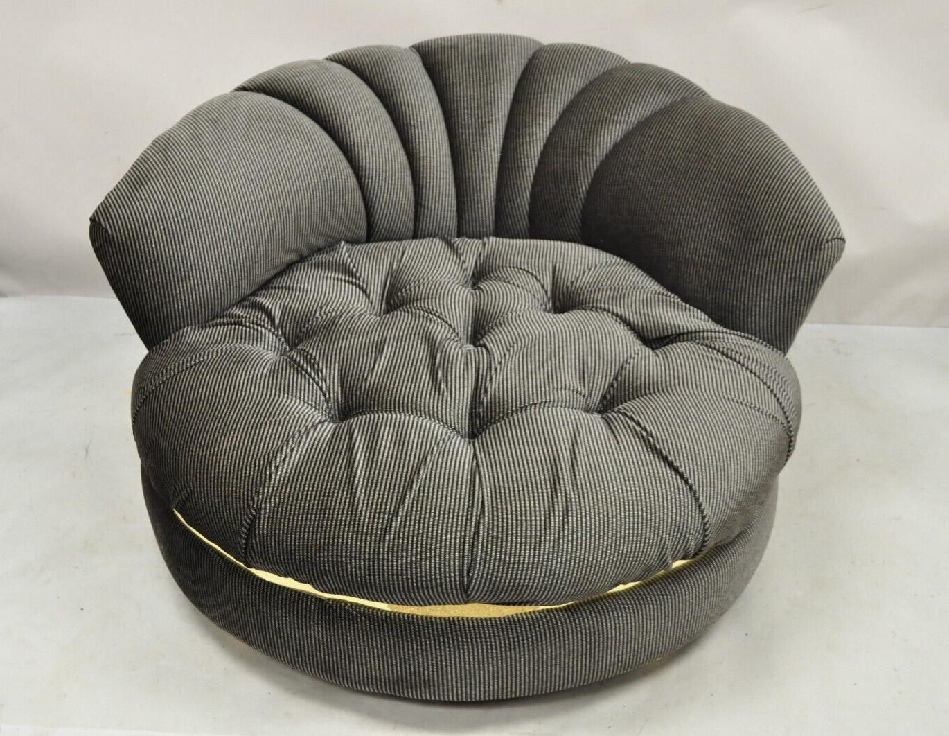 Modern Large Milo Baughman Style Round Black Club Lounge Chair Brass Trim Feet,  Pair For Sale