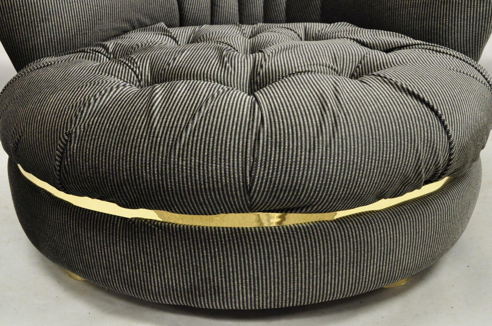 Large Milo Baughman Style Round Black Club Lounge Chair Brass Trim Feet,  Pair In Good Condition For Sale In Philadelphia, PA