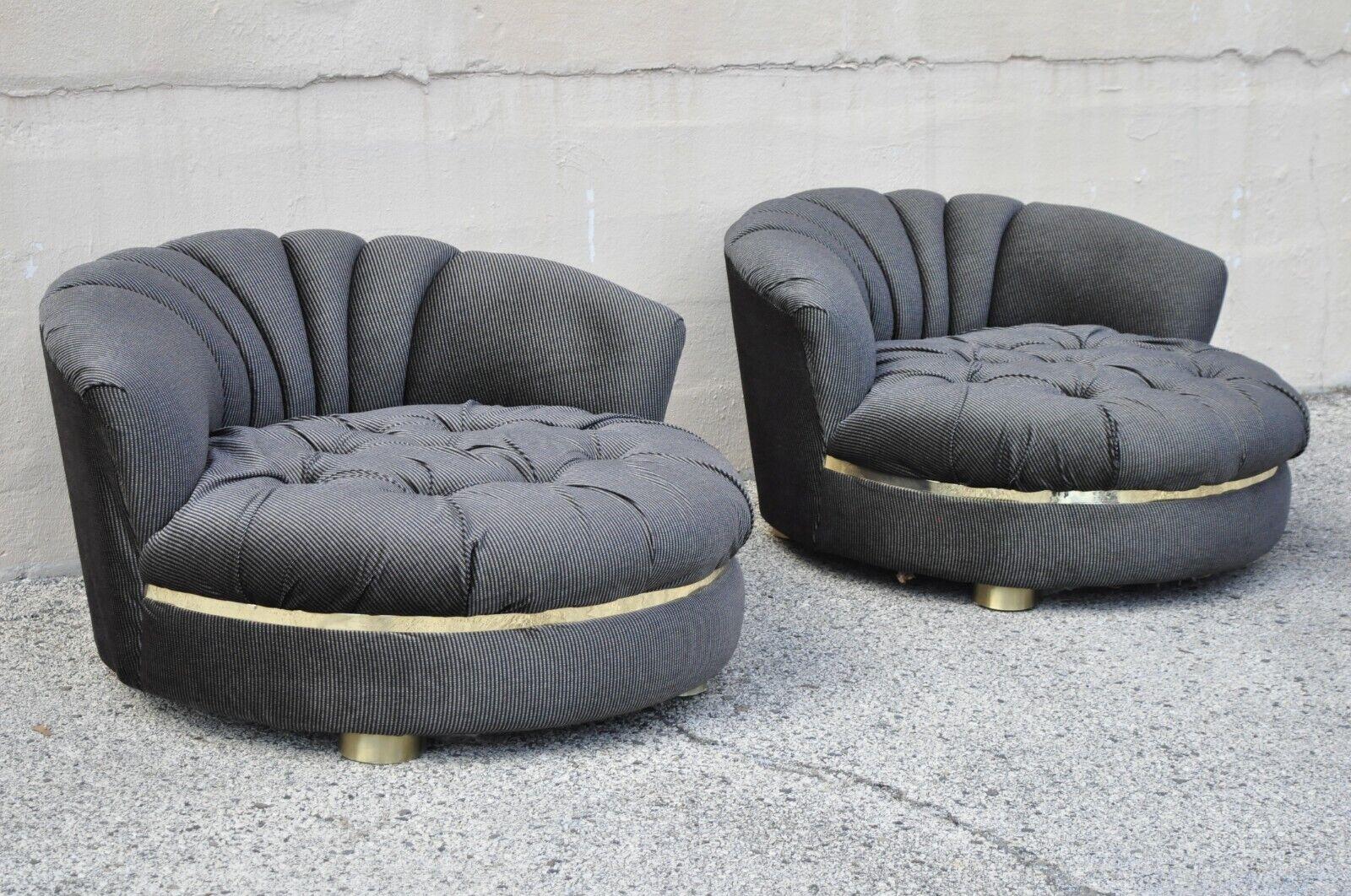 20th Century Large Milo Baughman Style Round Black Club Lounge Chair Brass Trim Feet,  Pair For Sale