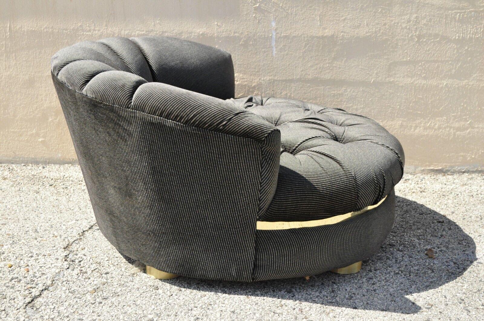 Large Milo Baughman Style Round Black Club Lounge Chair Brass Trim Feet,  Pair For Sale 3