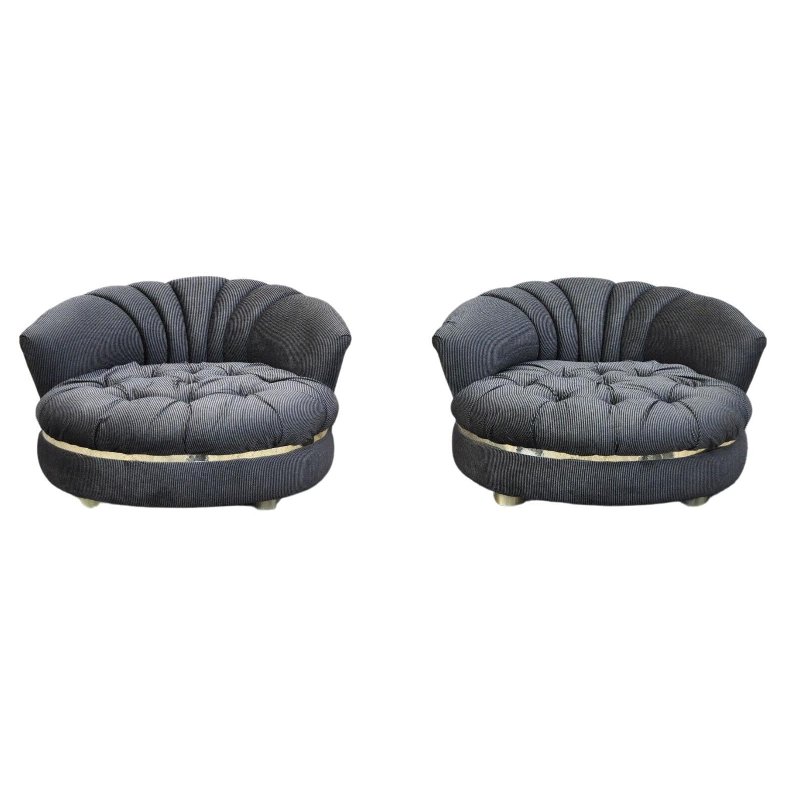 Large Milo Baughman Style Round Black Club Lounge Chair Brass Trim Feet,  Pair For Sale