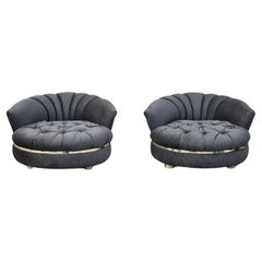 Retro Large Milo Baughman Style Round Black Club Lounge Chair Brass Trim Feet,  Pair