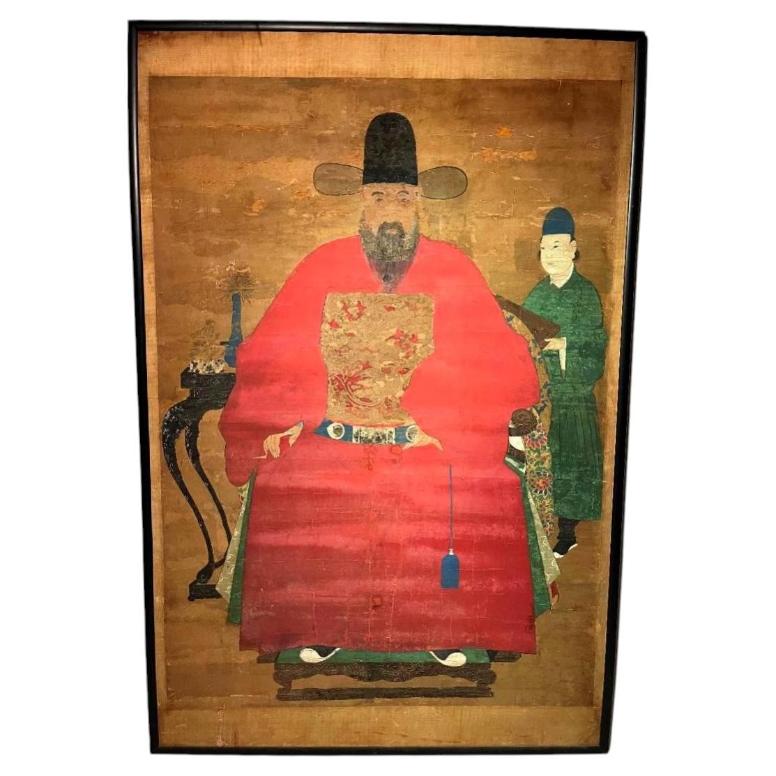 Large Ming Dynasty Imperial Officer Ancestor's Portrait, Painting on Silk Framed For Sale