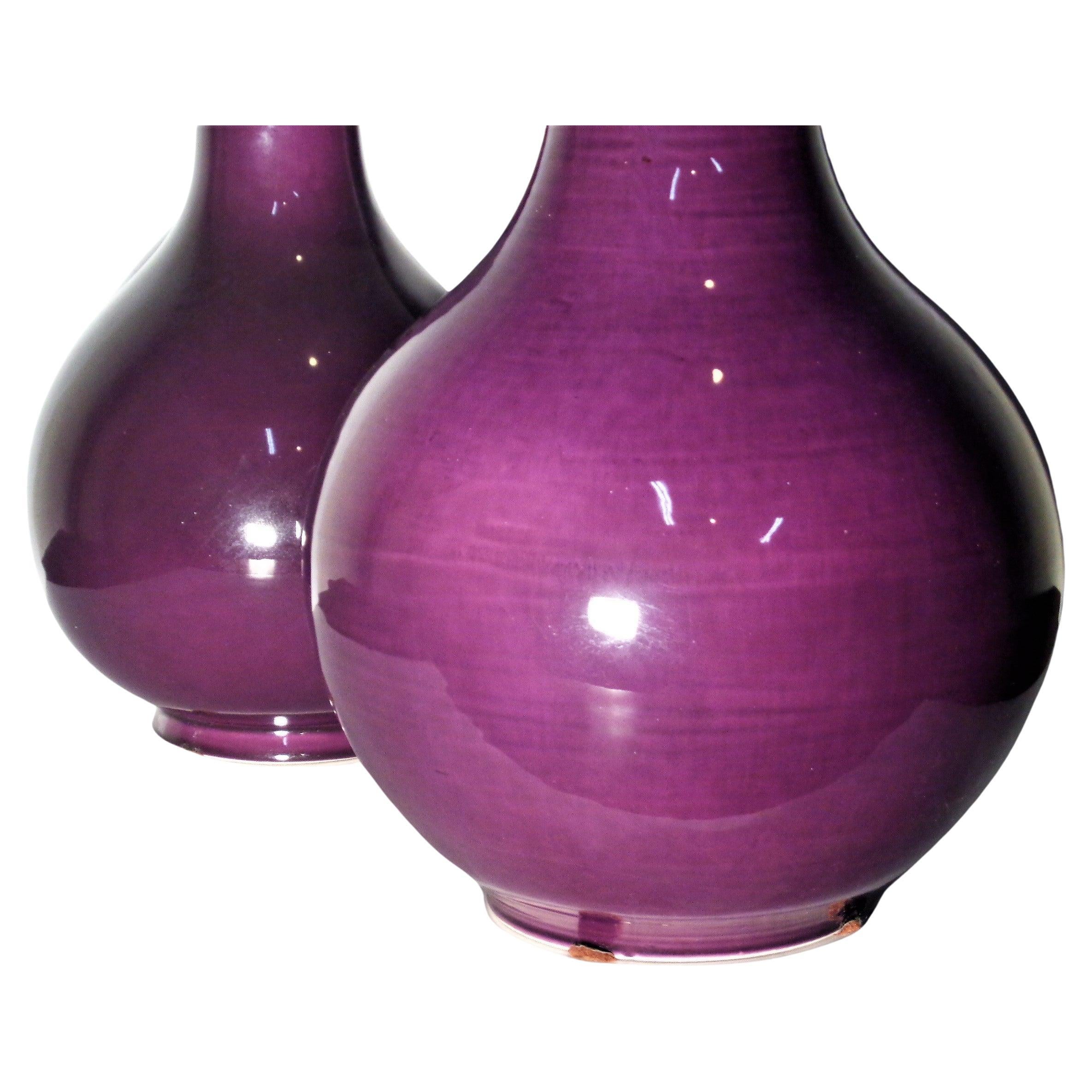 Italian Large Ming Style Plum Purple Glazed Porcelain Vases, Made in Italy