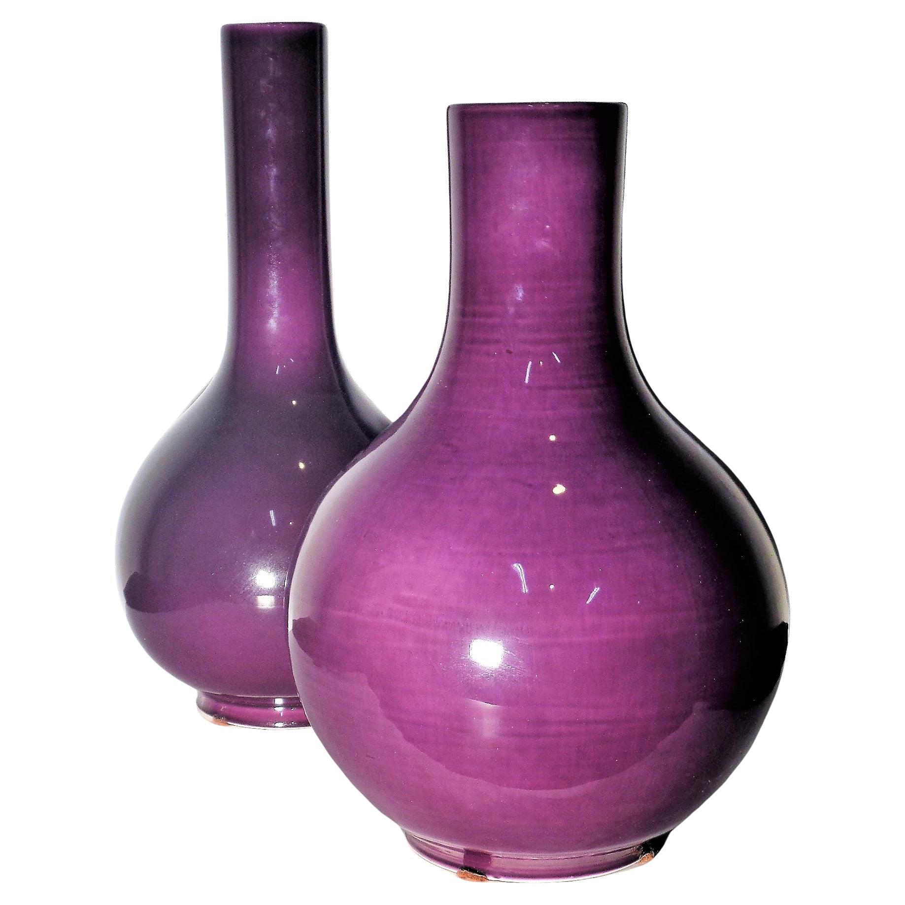 20th Century Large Ming Style Plum Purple Glazed Porcelain Vases, Made in Italy