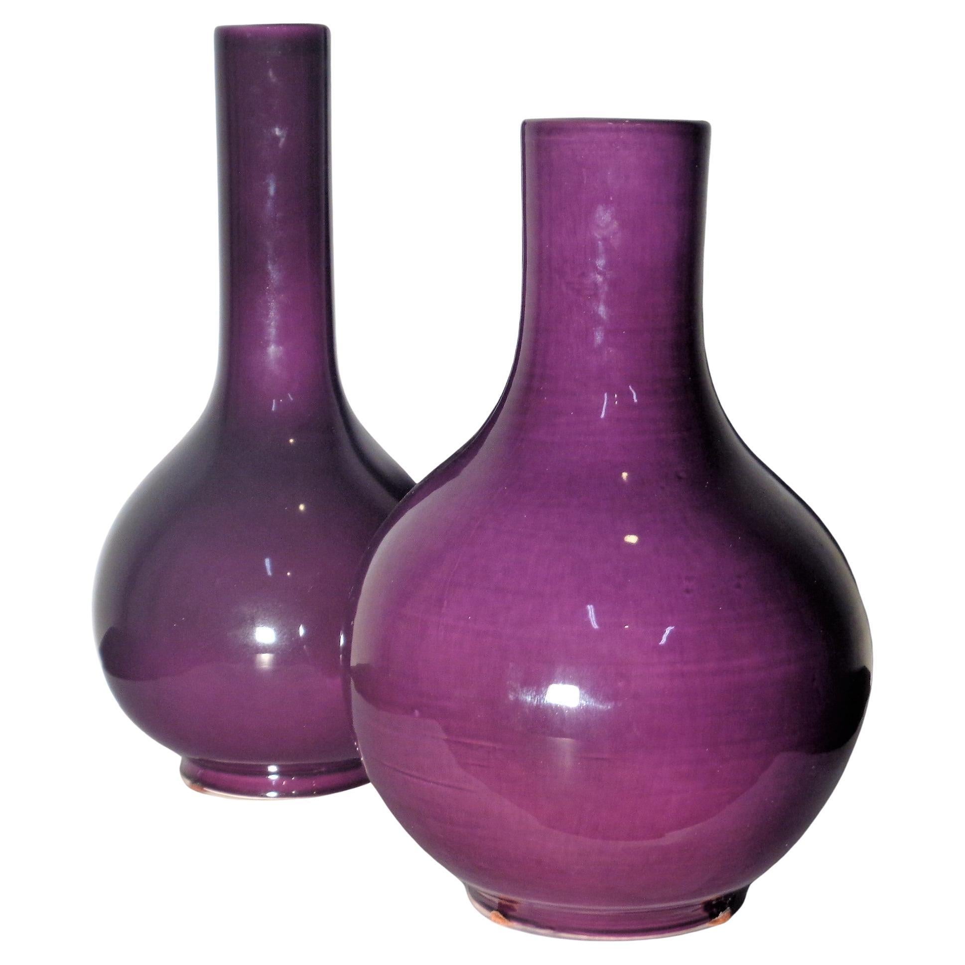 Large Ming Style Plum Purple Glazed Porcelain Vases, Made in Italy